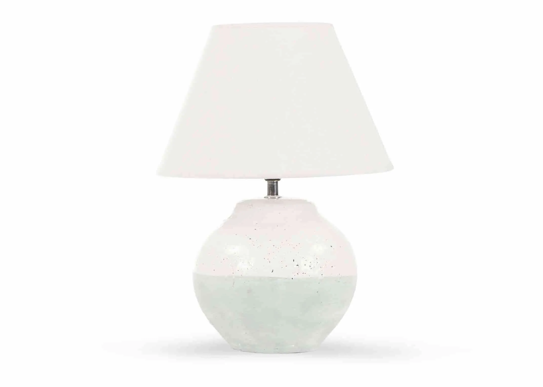 A white & light grey ceramic lamp base with white shade from EZ Living Furniture's Boyne range. Front view of lamp.
