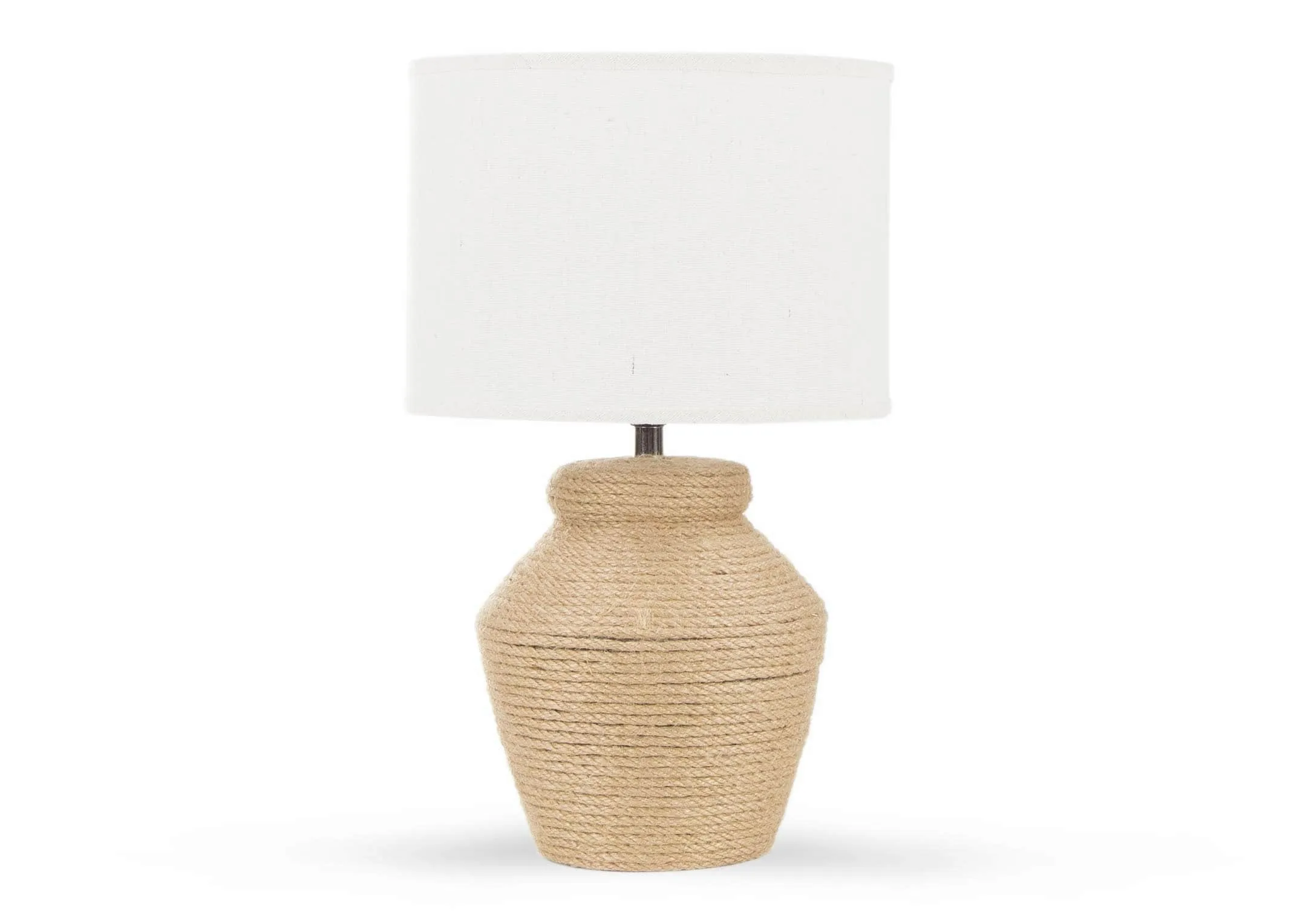 A light woven ceramic lamp base with & linen shade from EZ Living Furniture's Slaney range. Front view of full lamp
