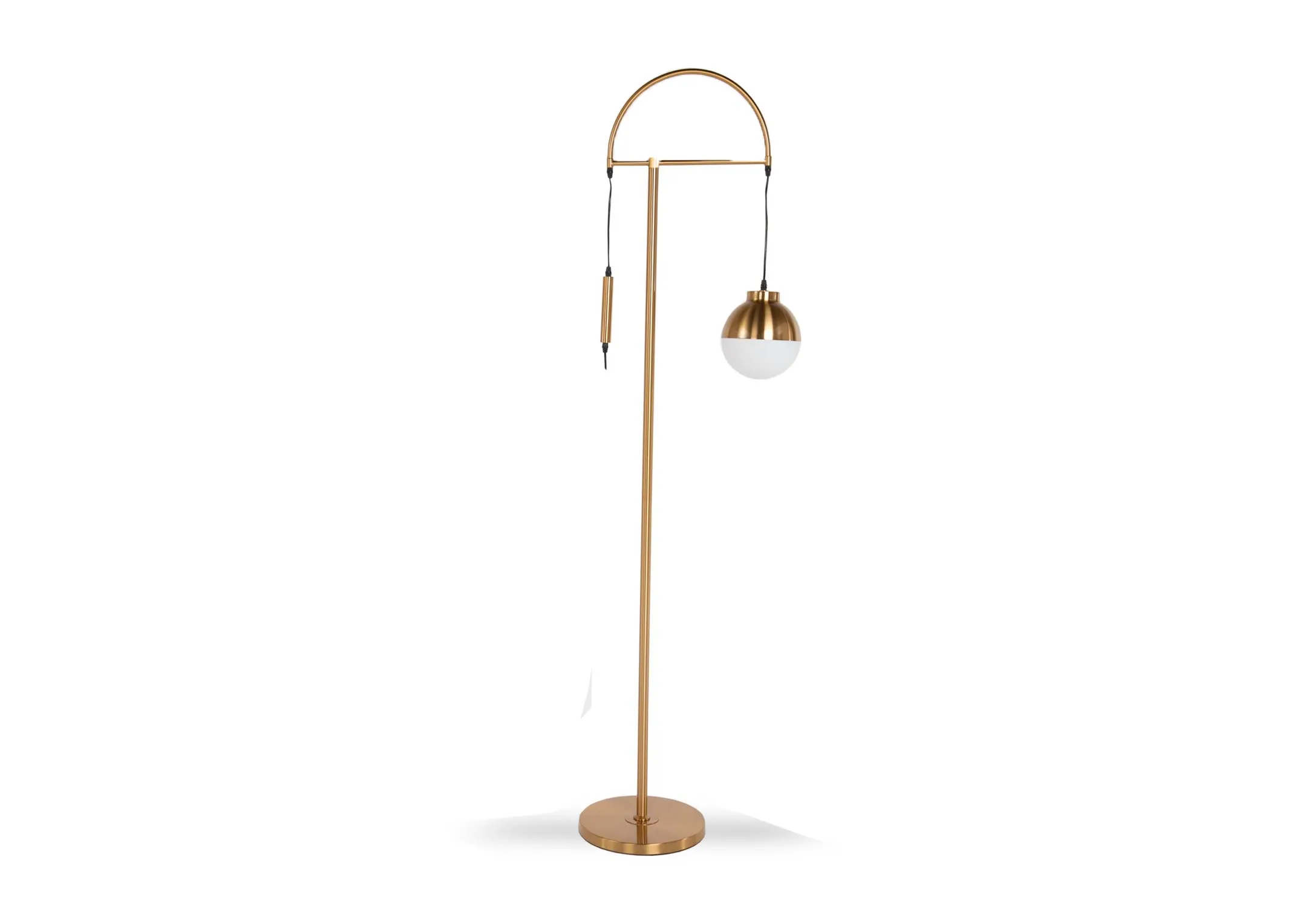 A floor lamp in metallic gold with a drooping white orb from EZ Living Furniture's Casper range. View from the side