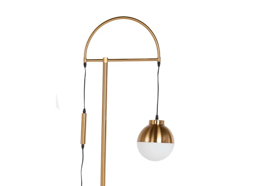 A floor lamp in metallic gold with a drooping white orb from EZ Living Furniture's Casper range. Front view