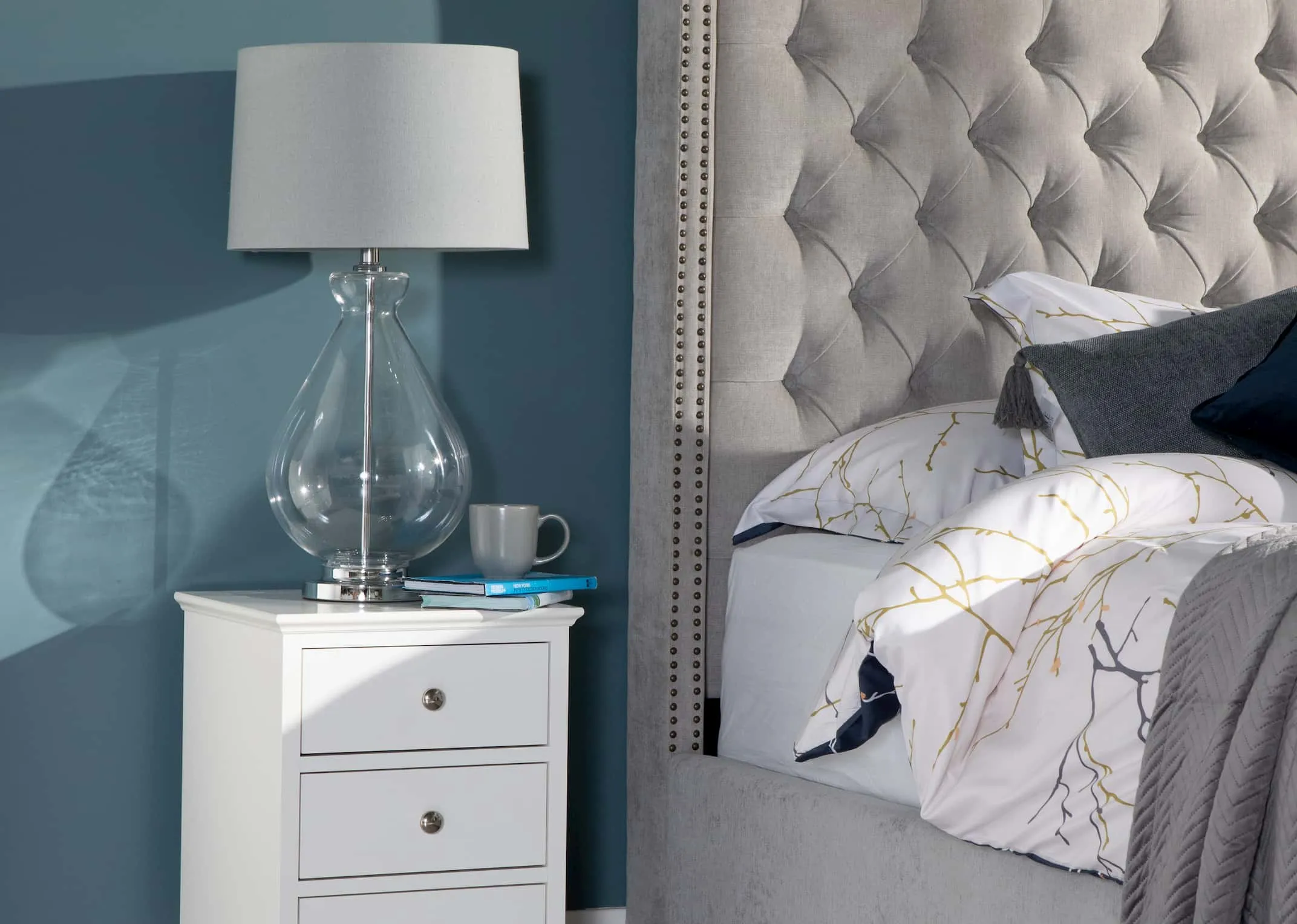 A lifestyle image of the Bree Table Lamp with Encore Bed Frame & Rivendale locker available at EZ Living Furniture.