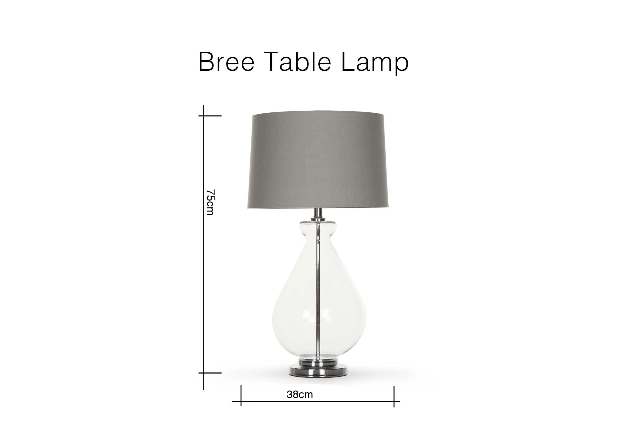A dimension image of the Clear Bree Table Lamp with 38cm (Width) x 75cm (Height)