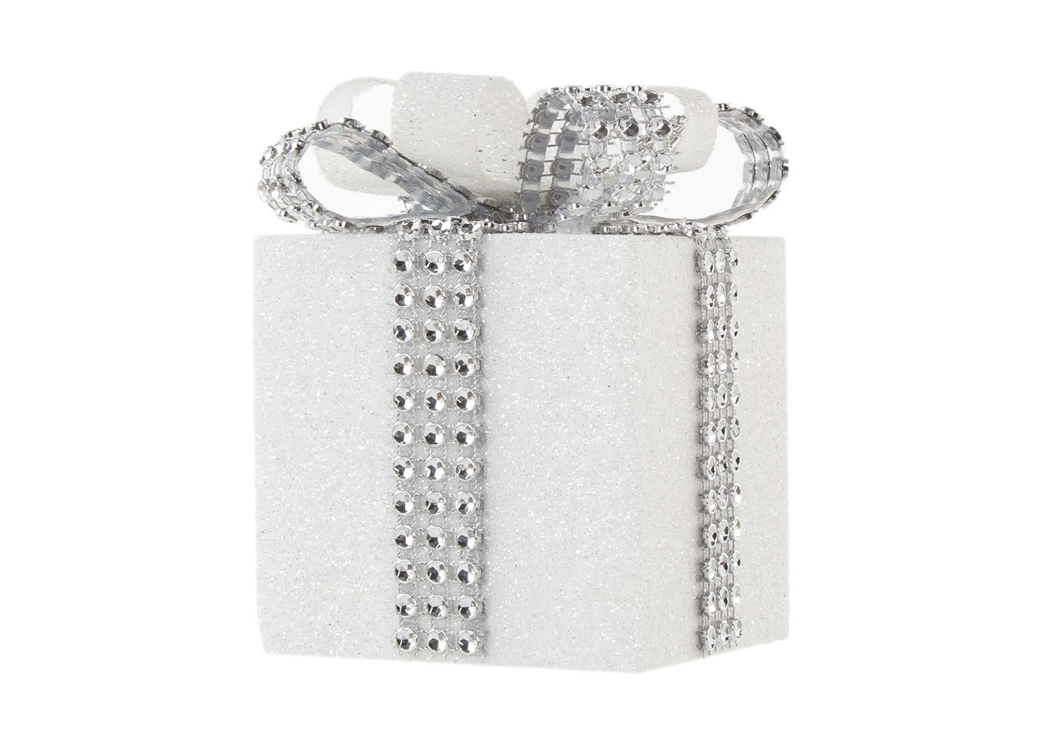 A small white present box with silver sequin bow detail from EZ Living Furniture's Christmas range. Front view of bauble