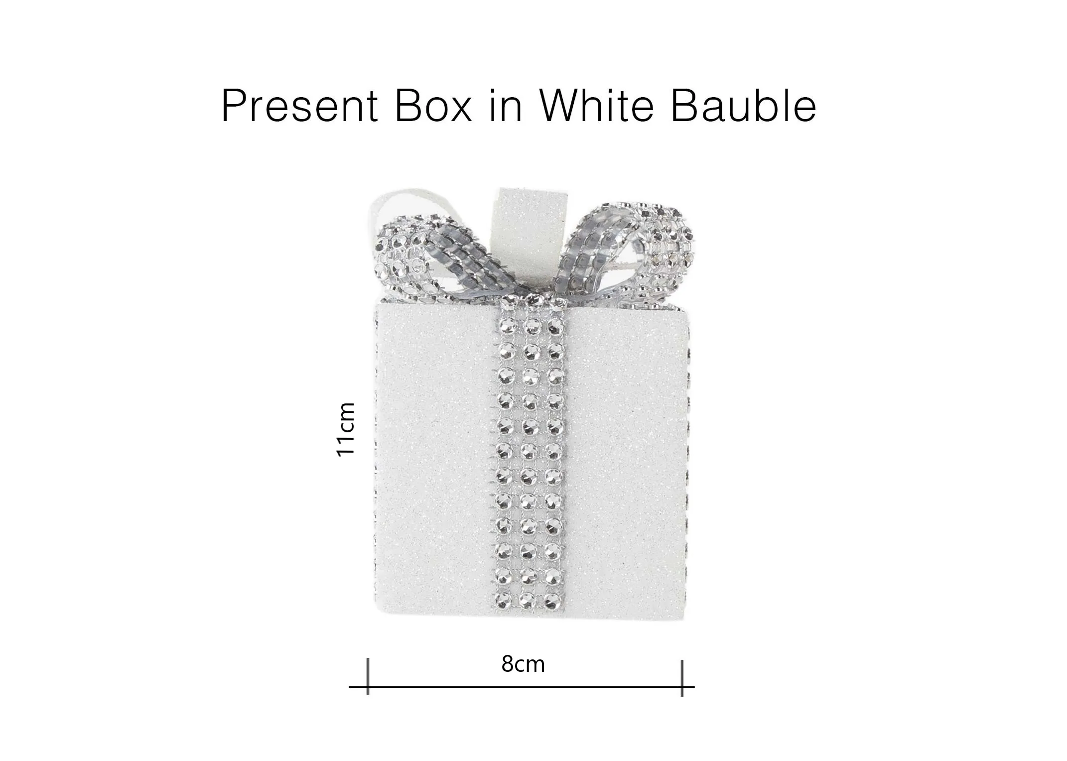 A dimension image of the Small Presnt Box Christmas Bauble with 8cm (Width) x 11cm (Height)