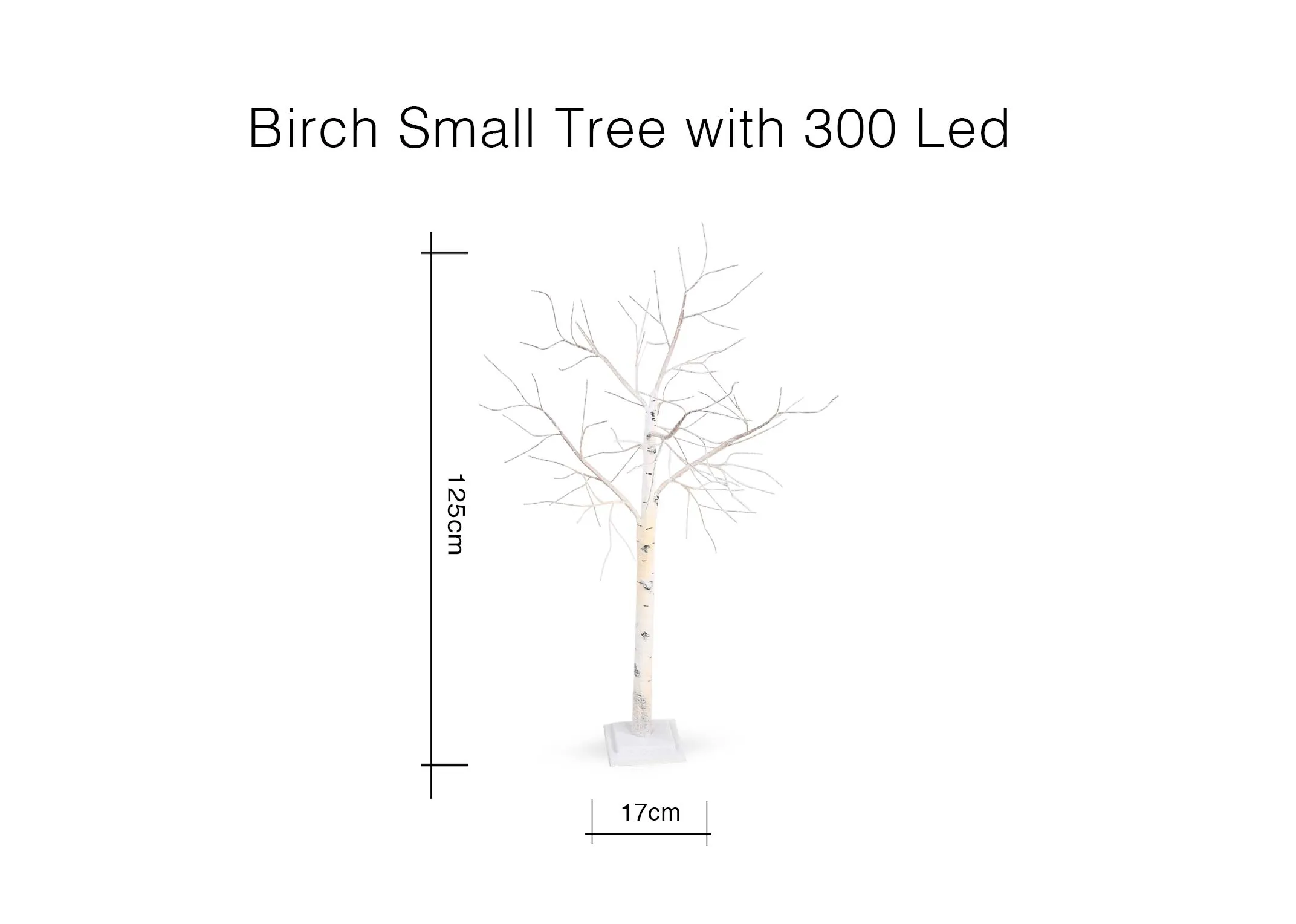 A dimension image of the Small Birch with 300 led lights with 17cm (Width) x 125cm (Height)