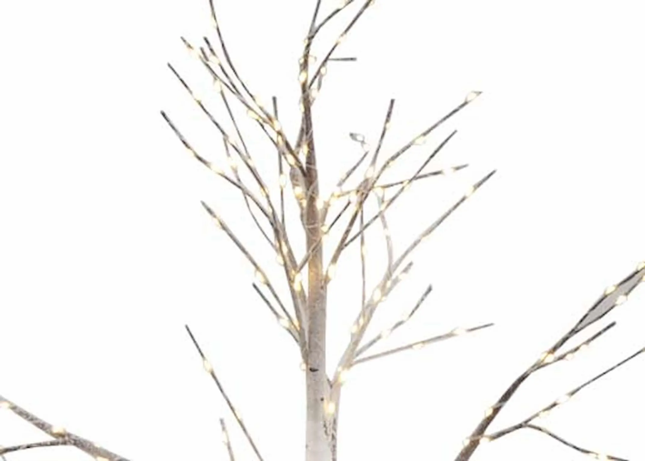 A small birch decorative tree on stand with 300 led lights from EZ Living Furnitures Christmas range. Closeup of branches