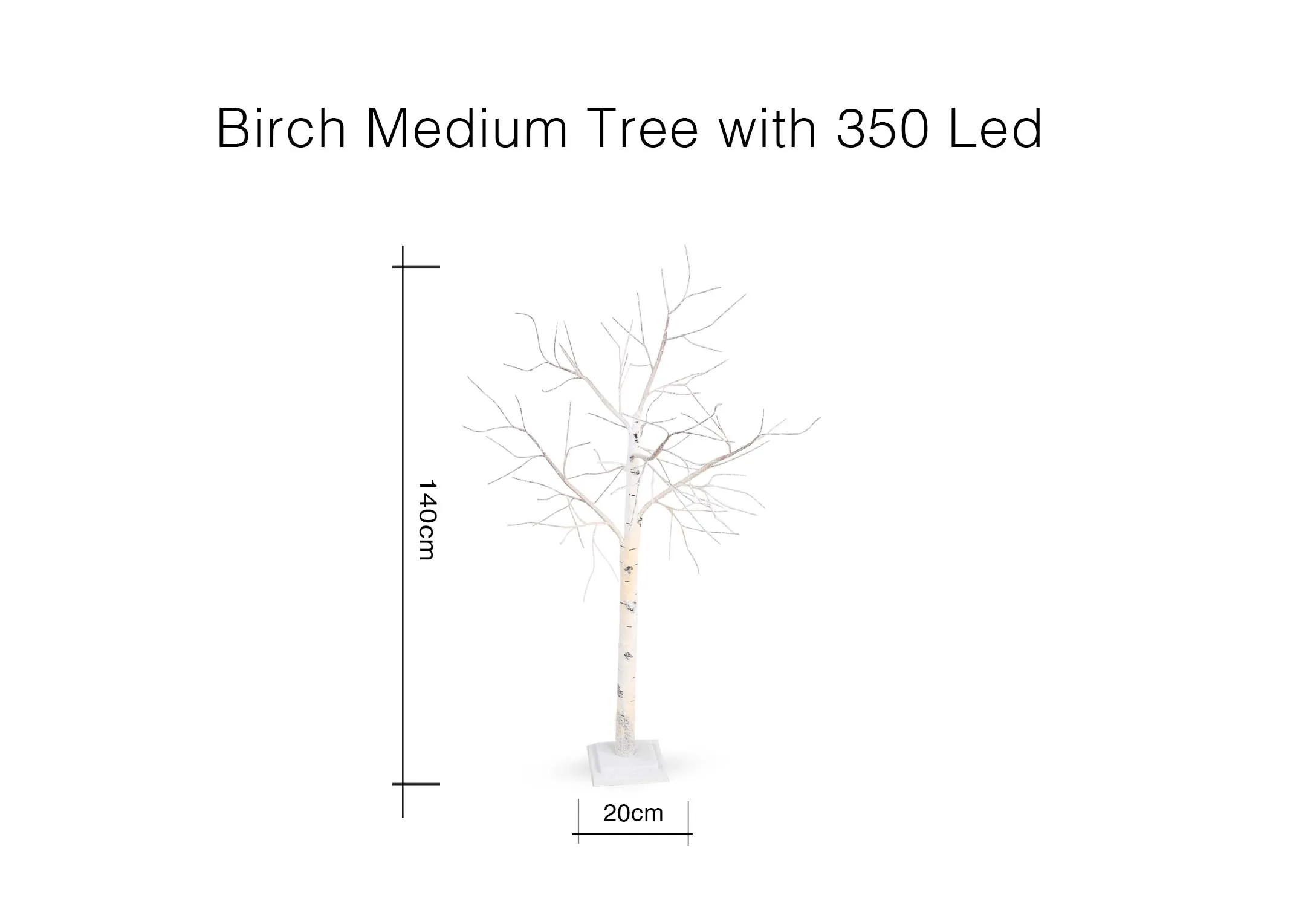 A dimension image of the Medium Birch Tree with 350 LED lights with 20cm (Width) x 140cm(Height)