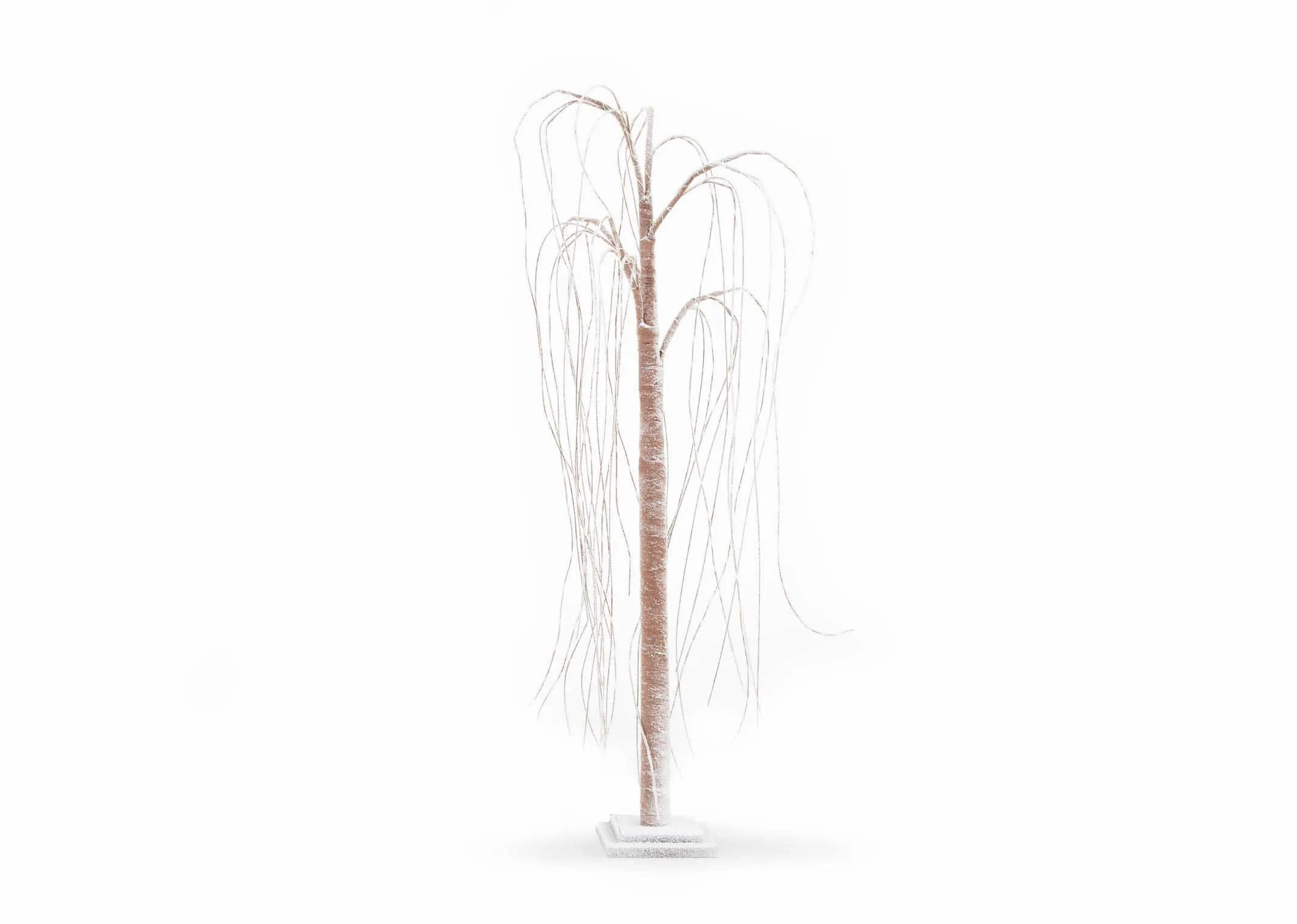 A decorative willow tree with 300 LED lights on a snow dipped stand from EZ Living Furniture's Christmas trees. Front view.