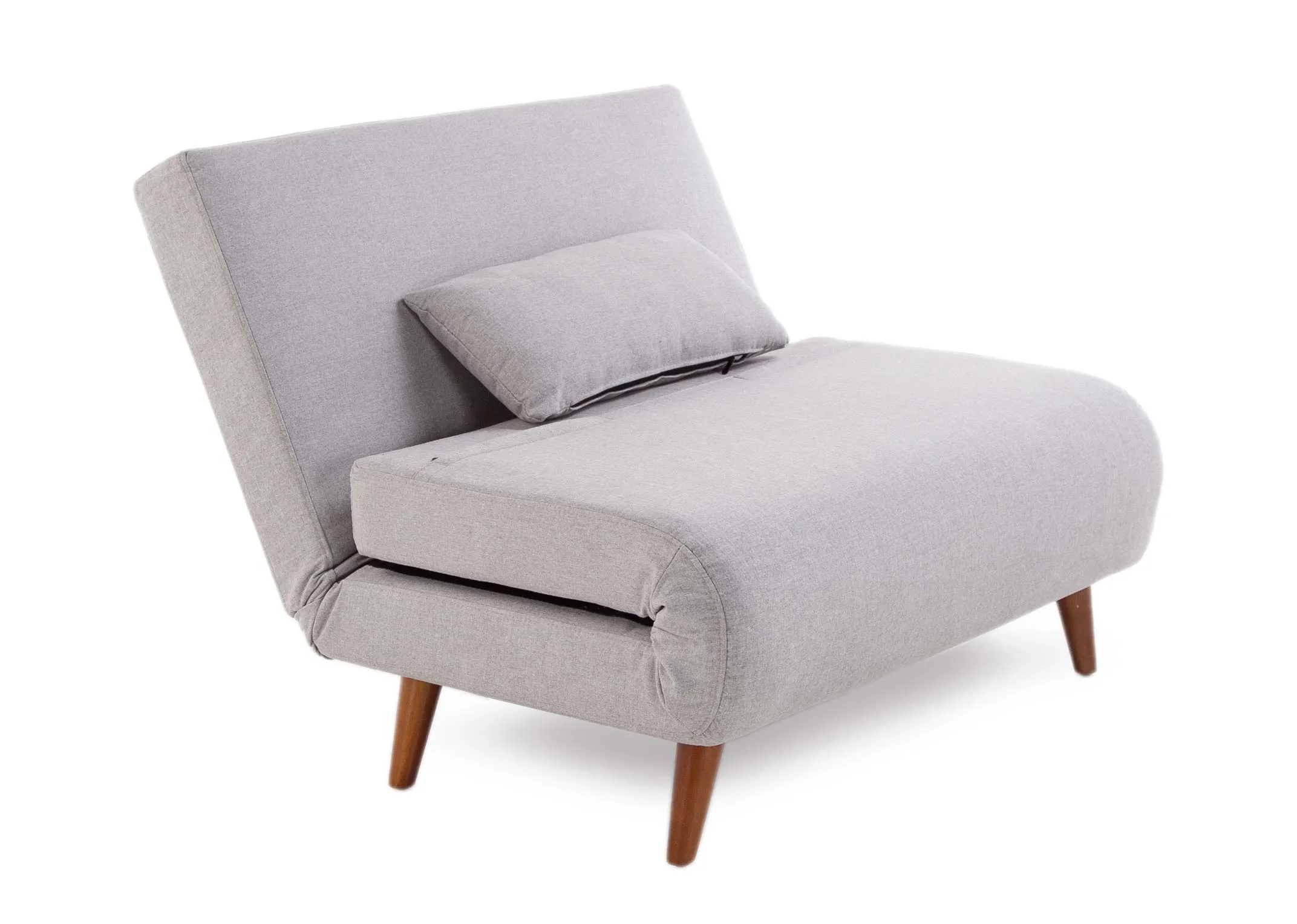 A single armless grey fabric sofa bed from EZ Living Furniture's Zara range. Angled view of dark wood feet