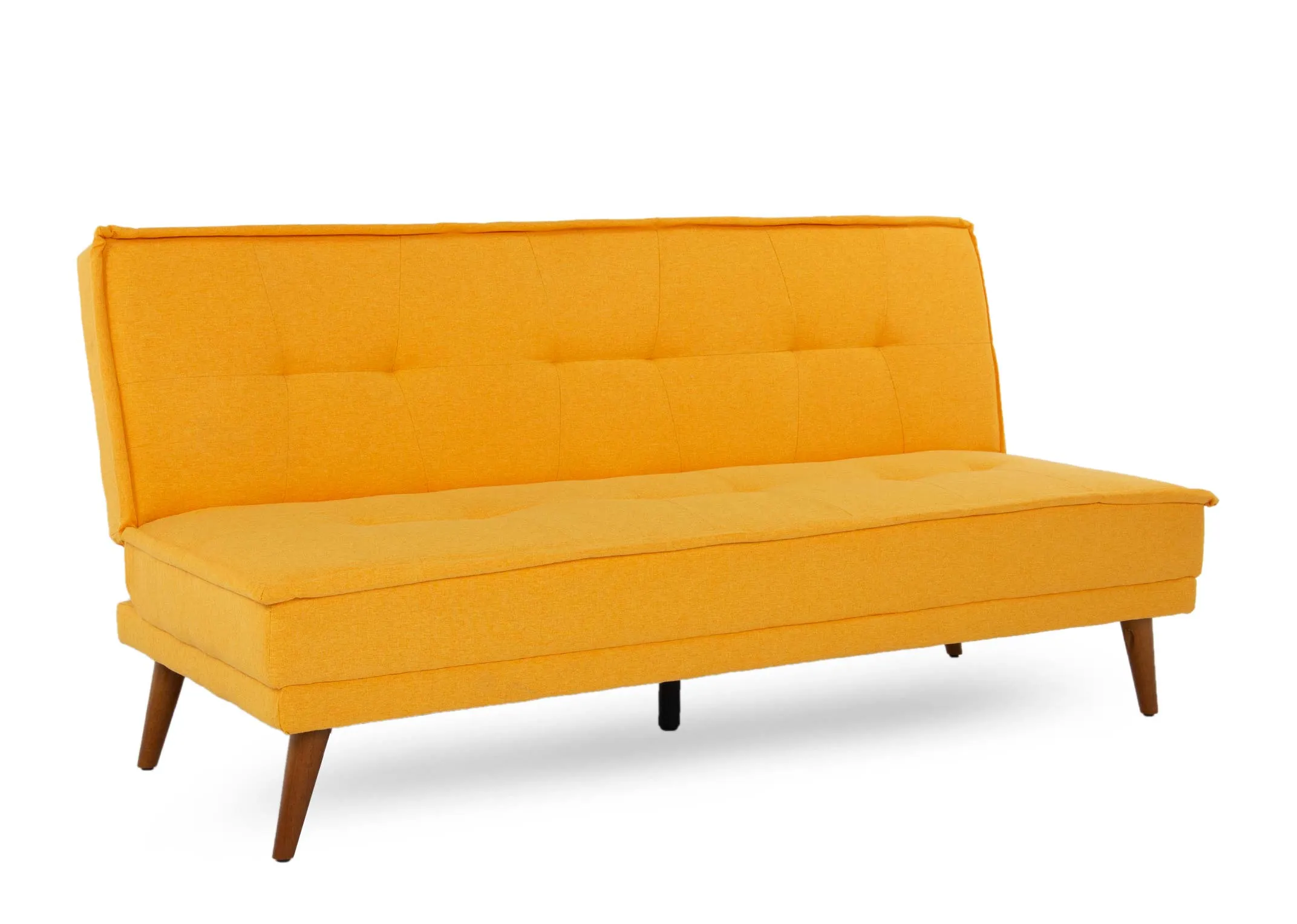 A bright yellow sofa bed from EZ Livings Seattle range. Angled view of oak feet and button back.
