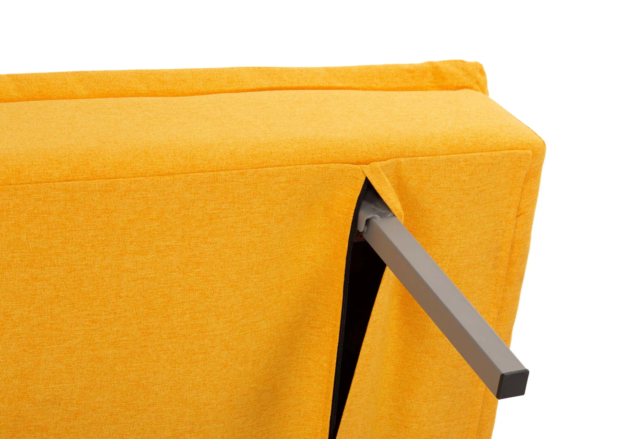 A bright yellow sofa bed from EZ Livings Seattle range. Closeup view of retractable feet