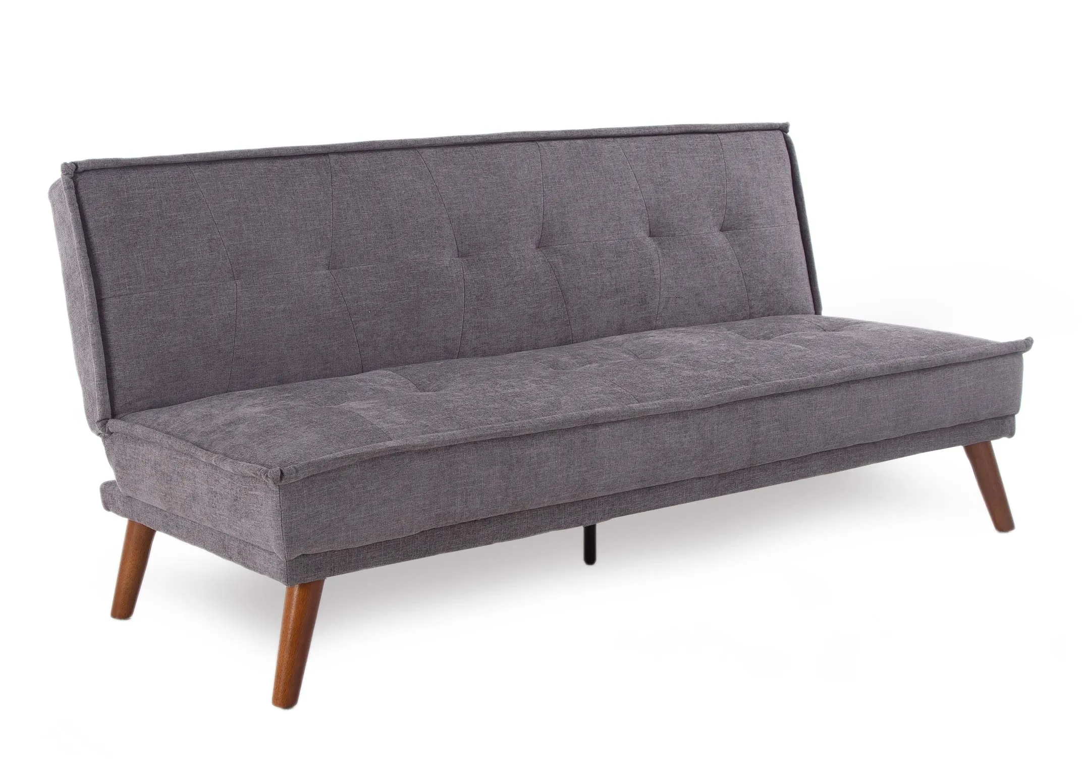 A grey fabric 3 seater sofa bed with wood feet from EZ Living Furniture's Seattle range. Angled view in sofa mode.