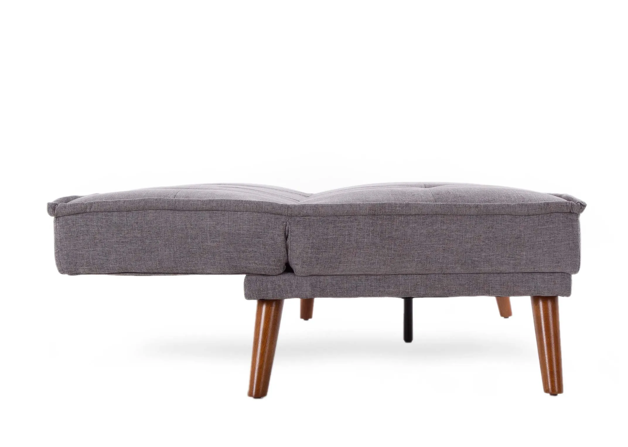 A grey fabric 3 seater sofa bed with wood feet from EZ Living Furniture's Seattle range. Side view of bed