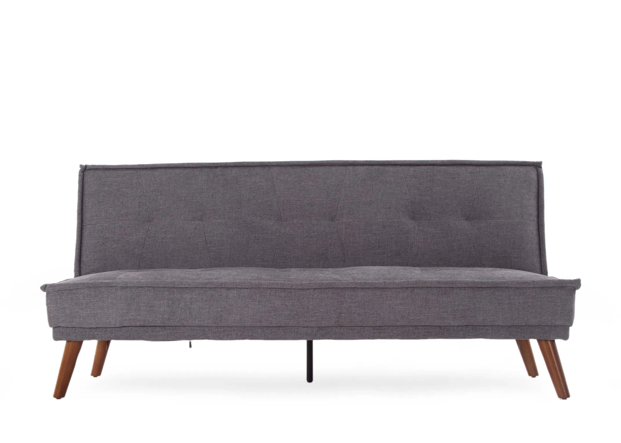 A grey fabric 3 seater sofa bed with wood feet from EZ Living Furniture's Seattle range. Front view of tufted back
