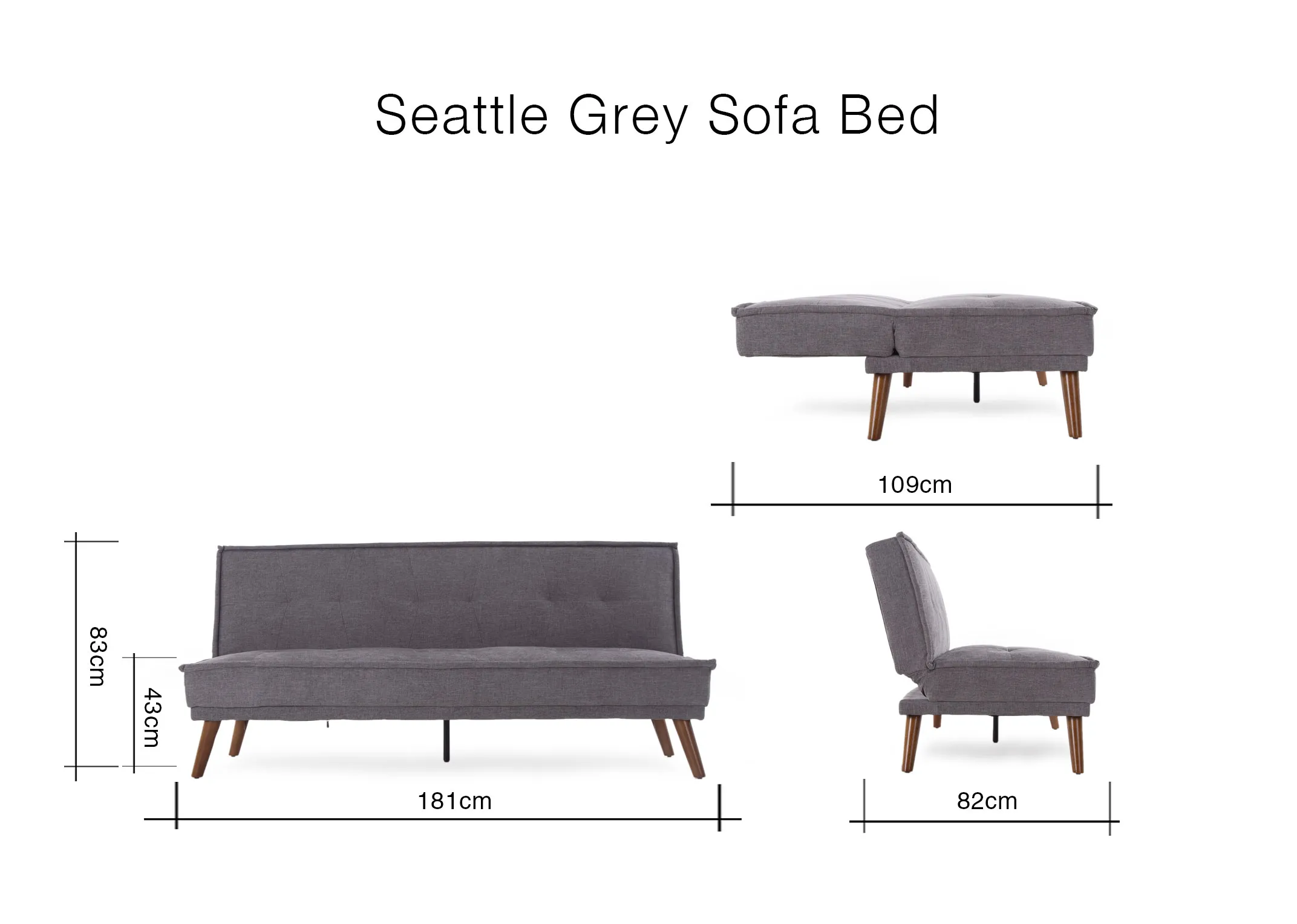 A dimension image of the Seattle Grey Sofa bed with 181cm (width) x 82cm-109cm(depth) x 83cm (Height) x 43cm (seat)