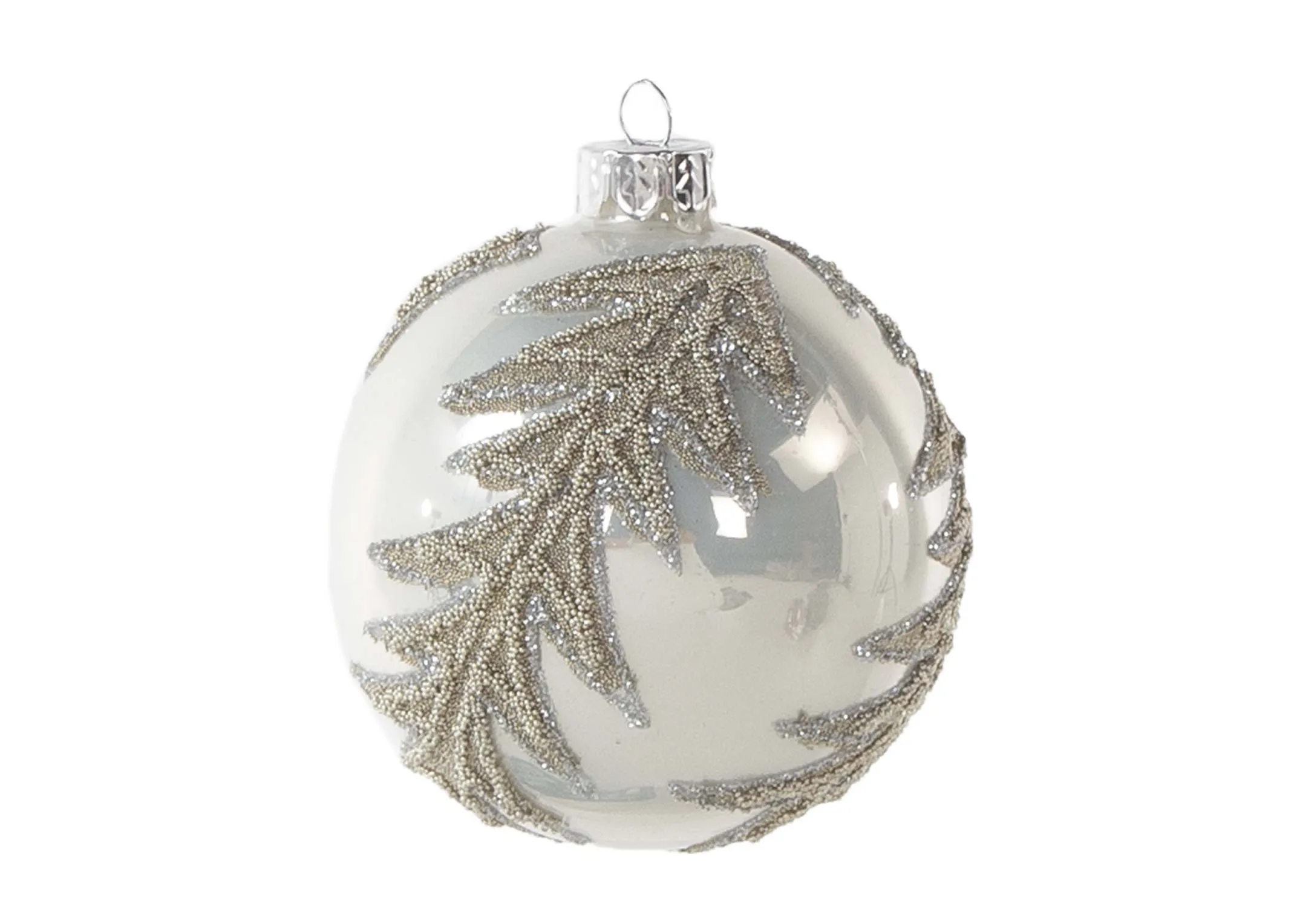 A white glass bauble with gold glitter relief from EZ Living Furniture's Christmas range. Front view of bauble.