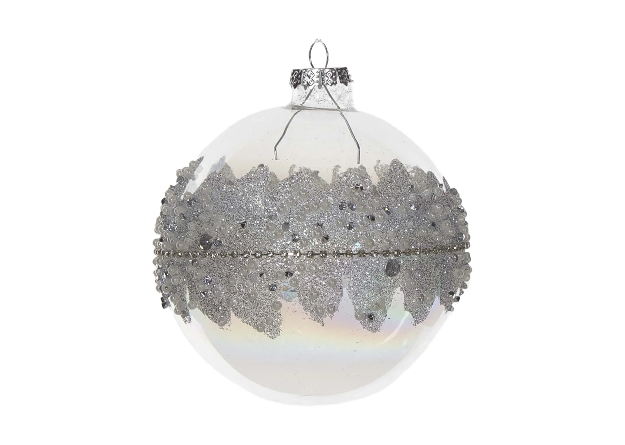 A clear glass bauble with silver encrusted detail in middle from EZ Living Furniture's Christmas collection. Front view.