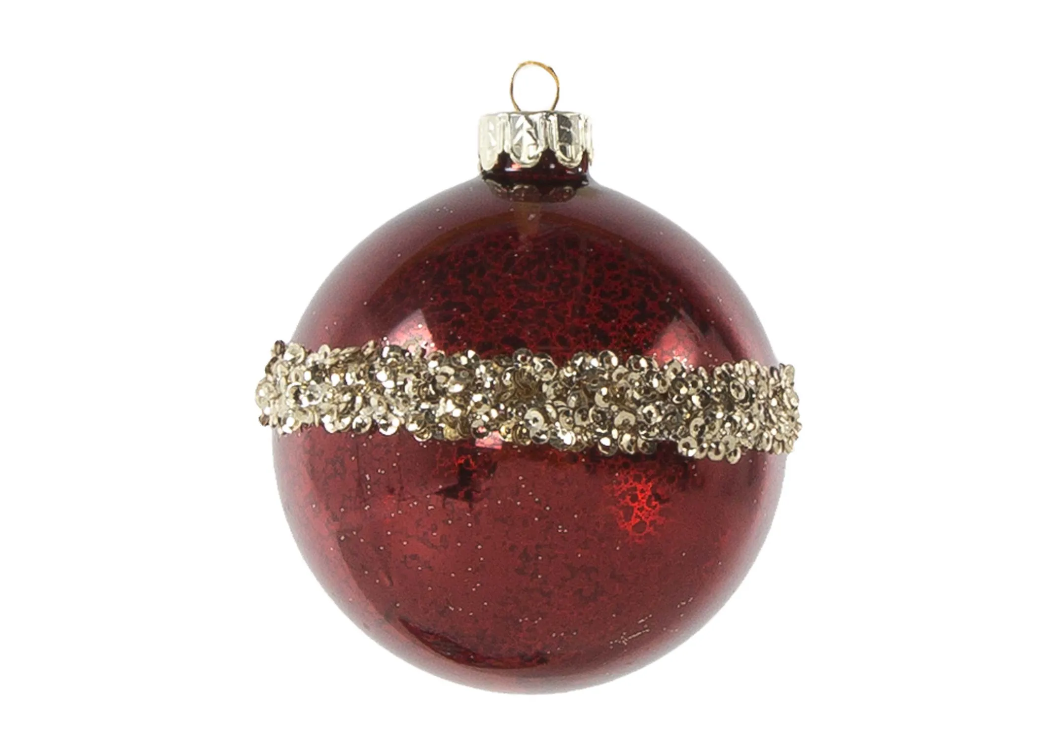 A metallic red glass bauble with a thick band of gold/silver diamante from EZ Living Furniture's Christmas range. Power view.