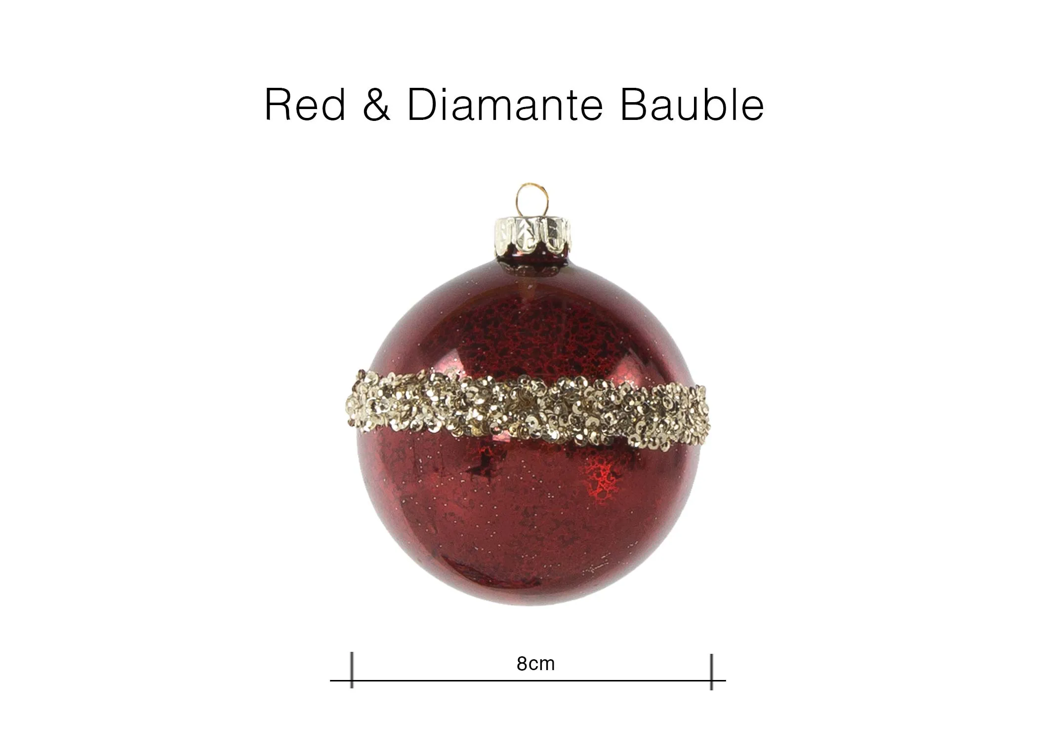 A dimension image of teh Red & Diamante Christmas bauble with 8cm (Width)