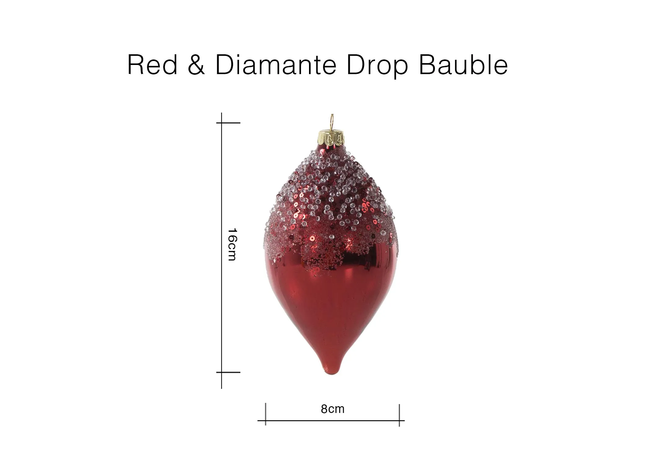 A dimension image of the Red & Diamante Drop bauble with 8cm (Width) x 16cm (Height)