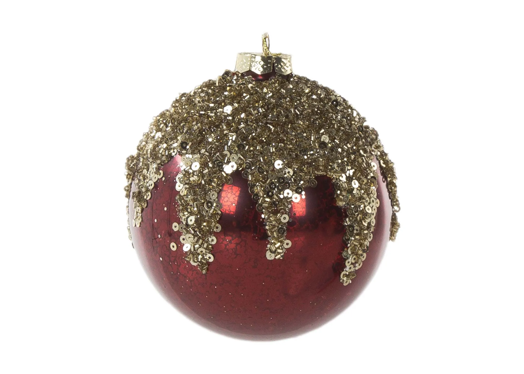 A red metallic bauble topped with gold seuins from EZ Living Furniture's Christmas Collection. Front view of ornament.