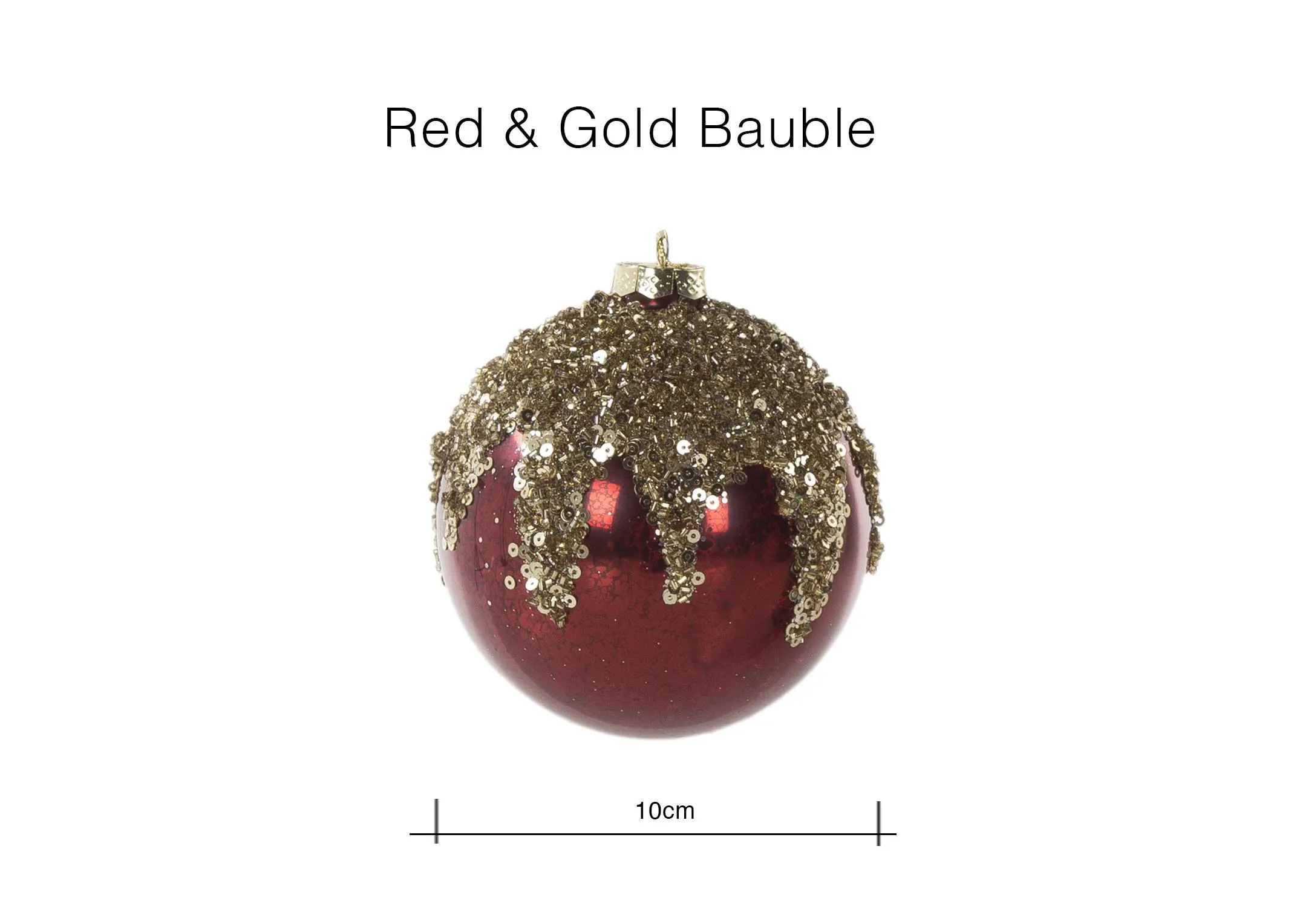 A dimension image of the Red & Gold Bauble with 10cm (Width)
