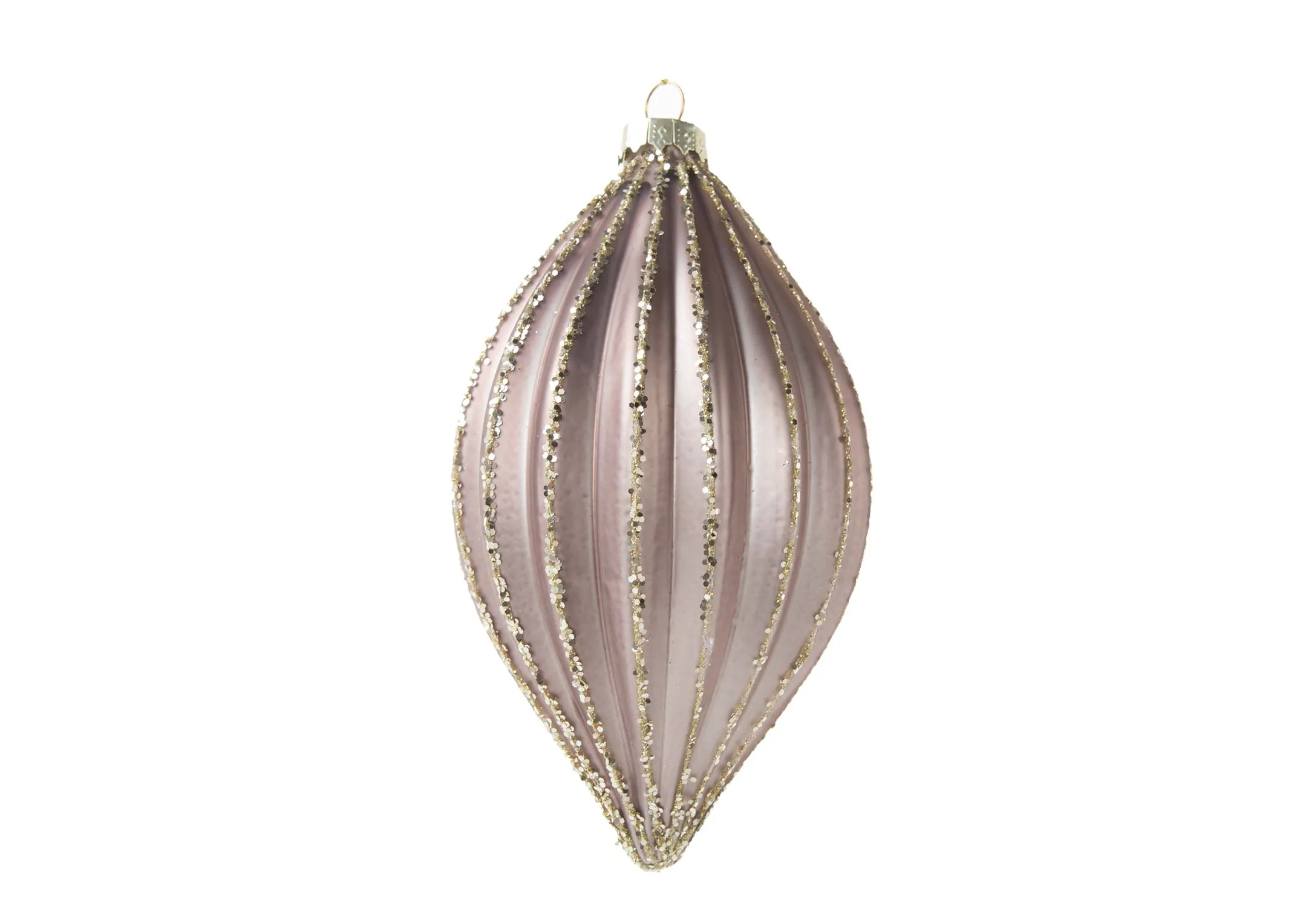 A pearlised pink drop glass bauble with silver trim from EZ Living Furniture's Christmas range. Front view of bauble.