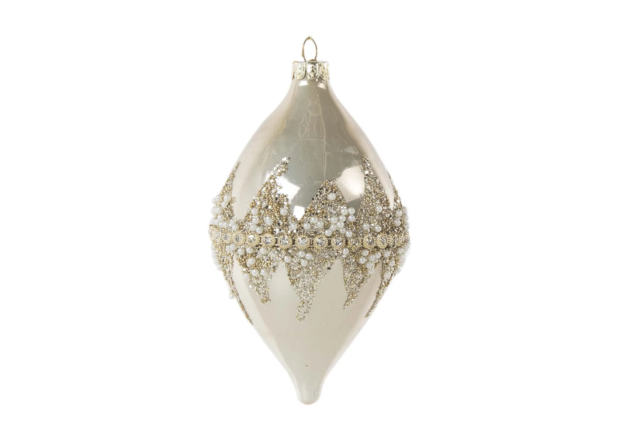 A gold drop bauble with gold & silver encrusted jewel in middle from EZ Living Furniture's Christmas range. Front view.