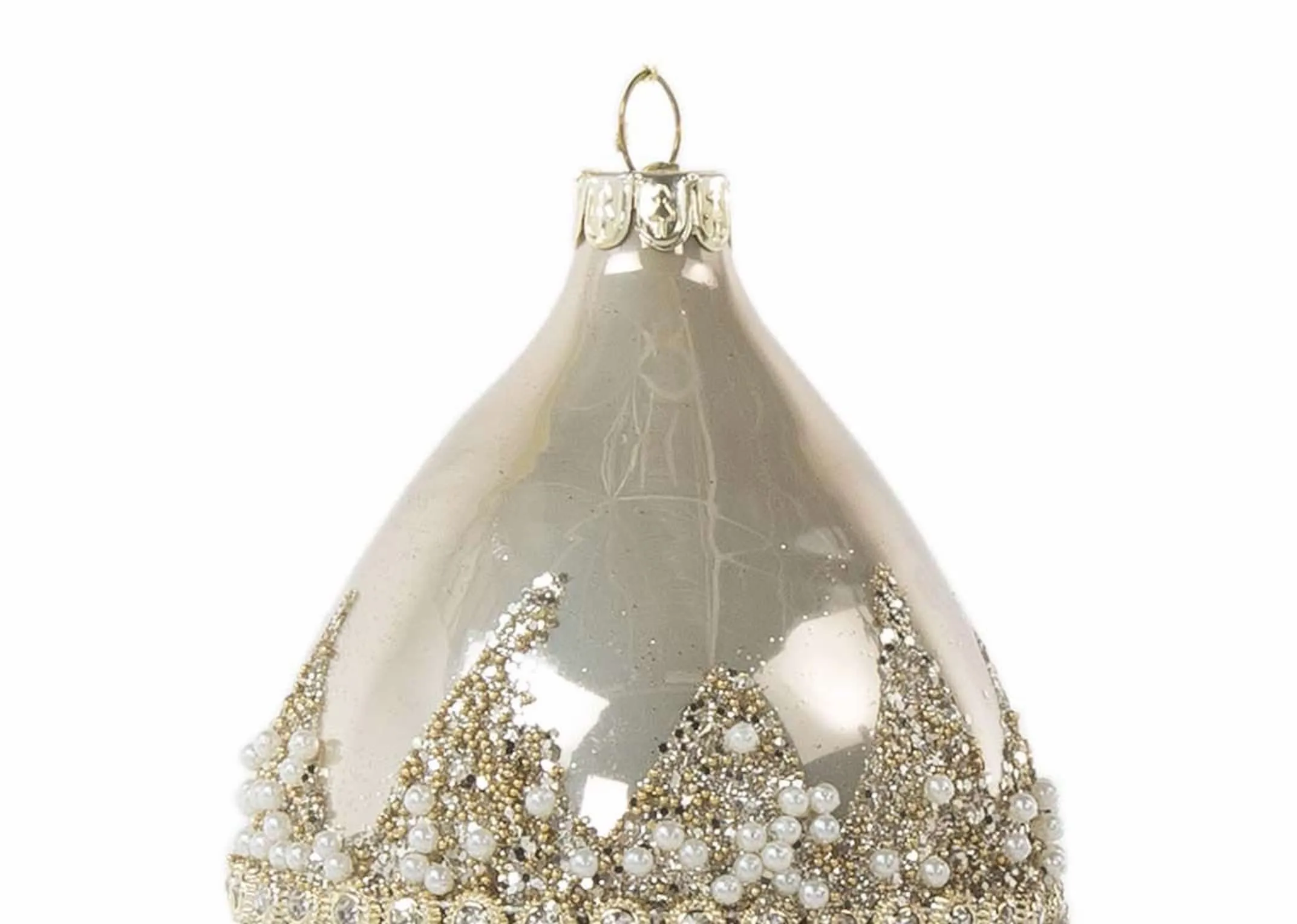 A gold drop bauble with gold & silver encrusted jewel in middle from EZ Living Furniture's Christmas range. Closeup of jewel.