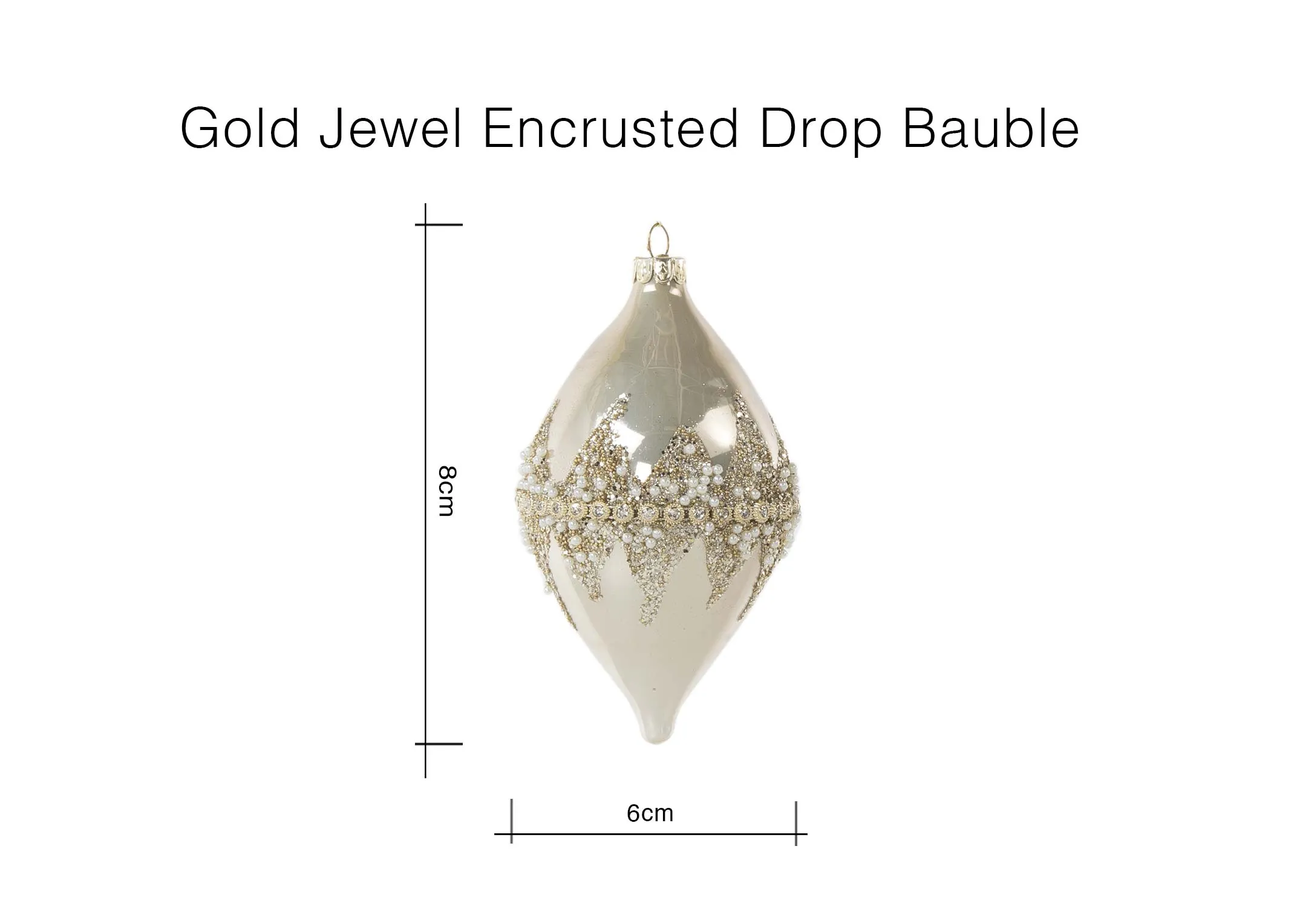 A dimension image of the Gold Jewel Encrusted Drop Bauble with 8cm (Width) x 16cm (Hieght)