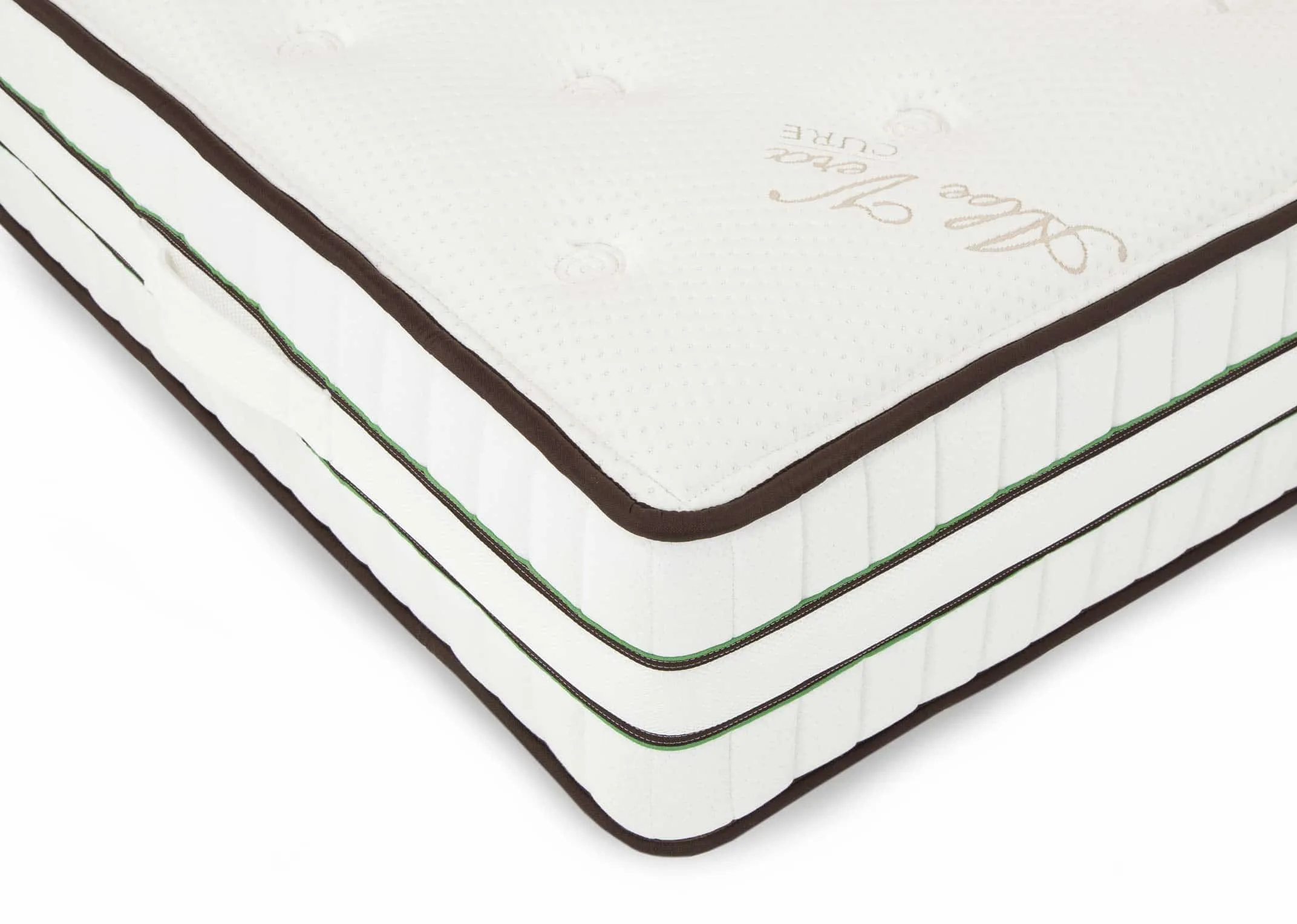 Single (3ft) pocket spring mattress with dark edge detail from EZ Living Furniture's Aloe Vera Range. Closeup of edge