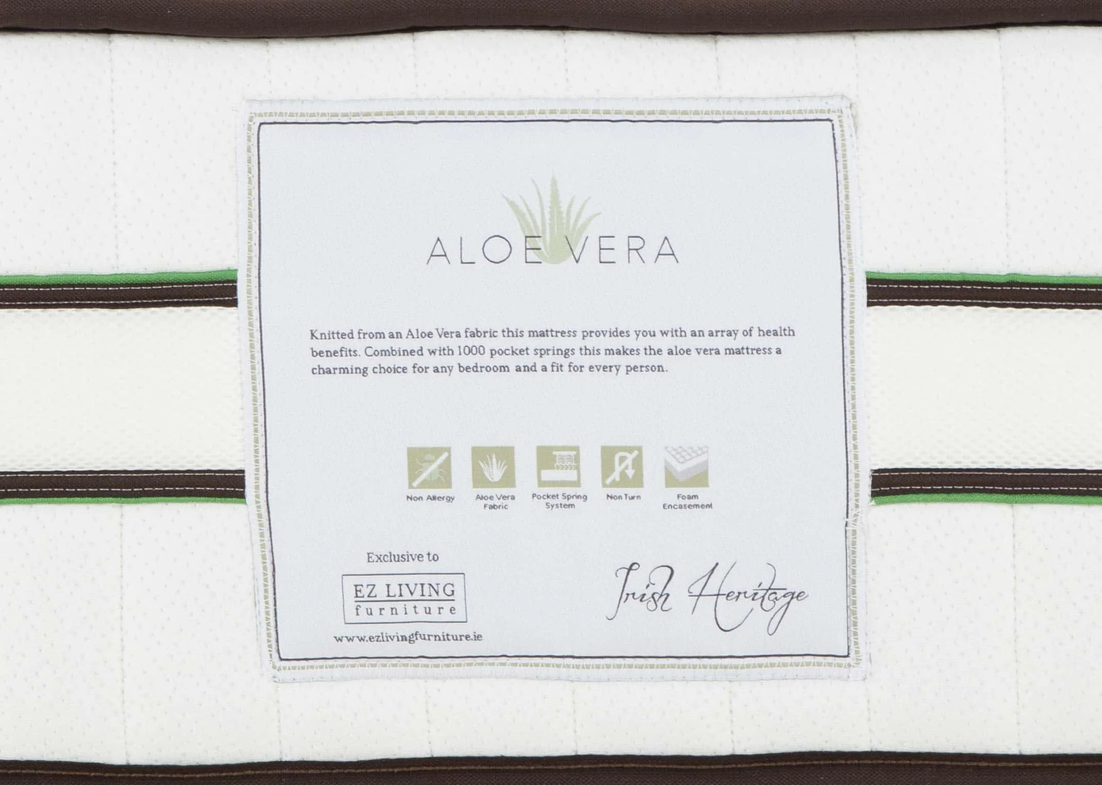 Single (3ft) pocket spring mattress with dark edge detail from EZ Living Furniture's Aloe Vera Range. Closeup of brand specs