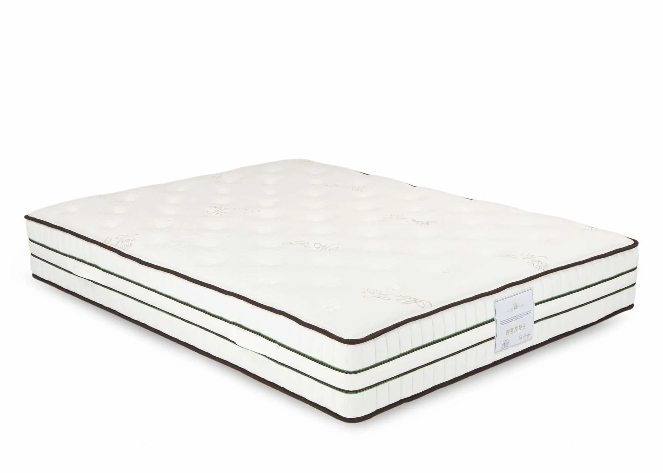 A King Size (5ft) pocket spring mattress with dark edge detail from EZ Living Furniture's Aloe Vera Range. Angled view.