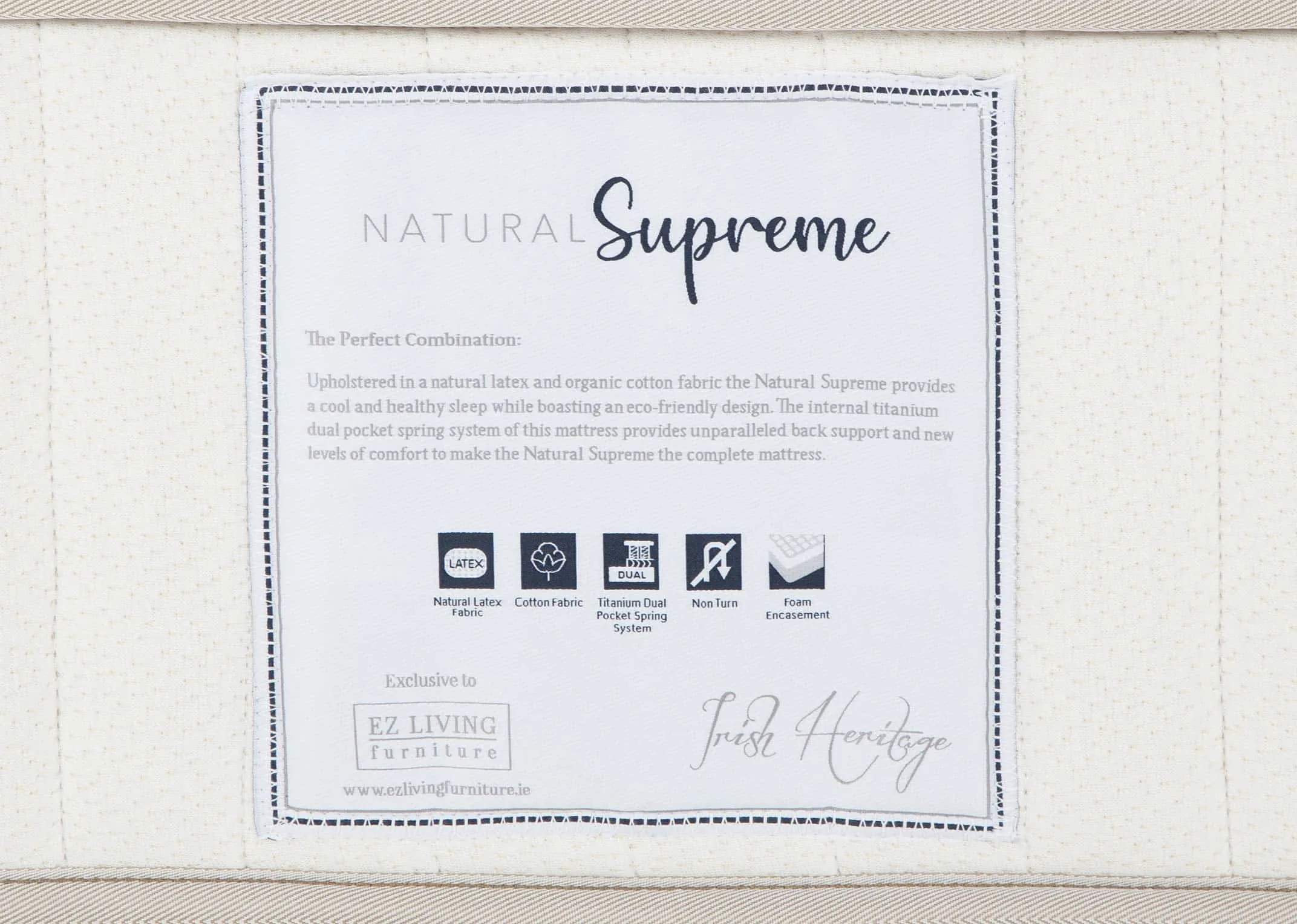 A Double (4ft6) Mattress with 5000 pocket springs from EZ Living Furniture's Natural Supreme range. View of Brand & Specs
