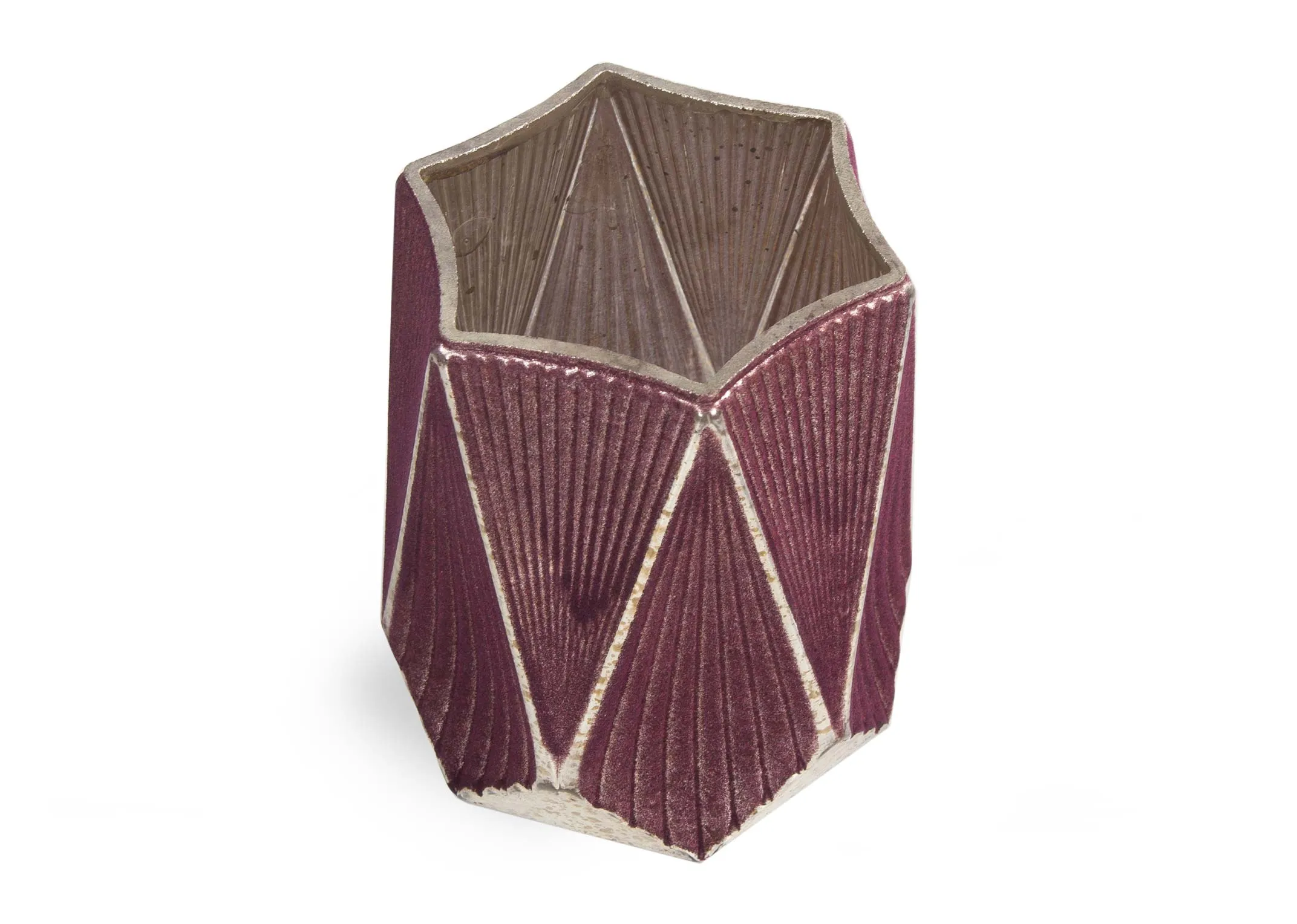 A red glass geometric shape candle holder with white edging from EZ Living Furniture's Christmas range. Angled view art deco