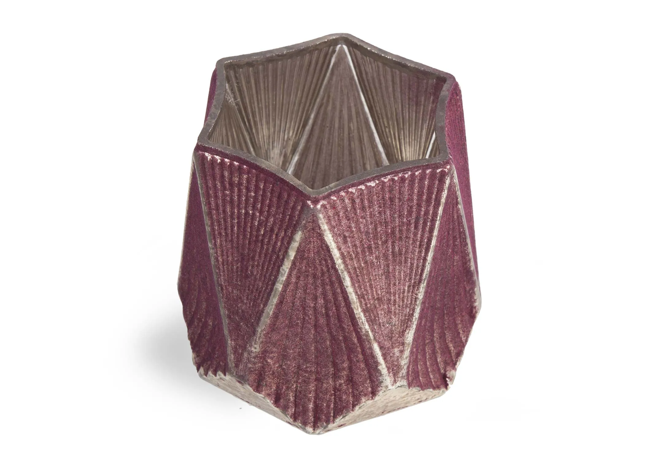 A red glass geometric shape candle holder from EZ Living Furniture's Christmas range. Angled view of sharp design