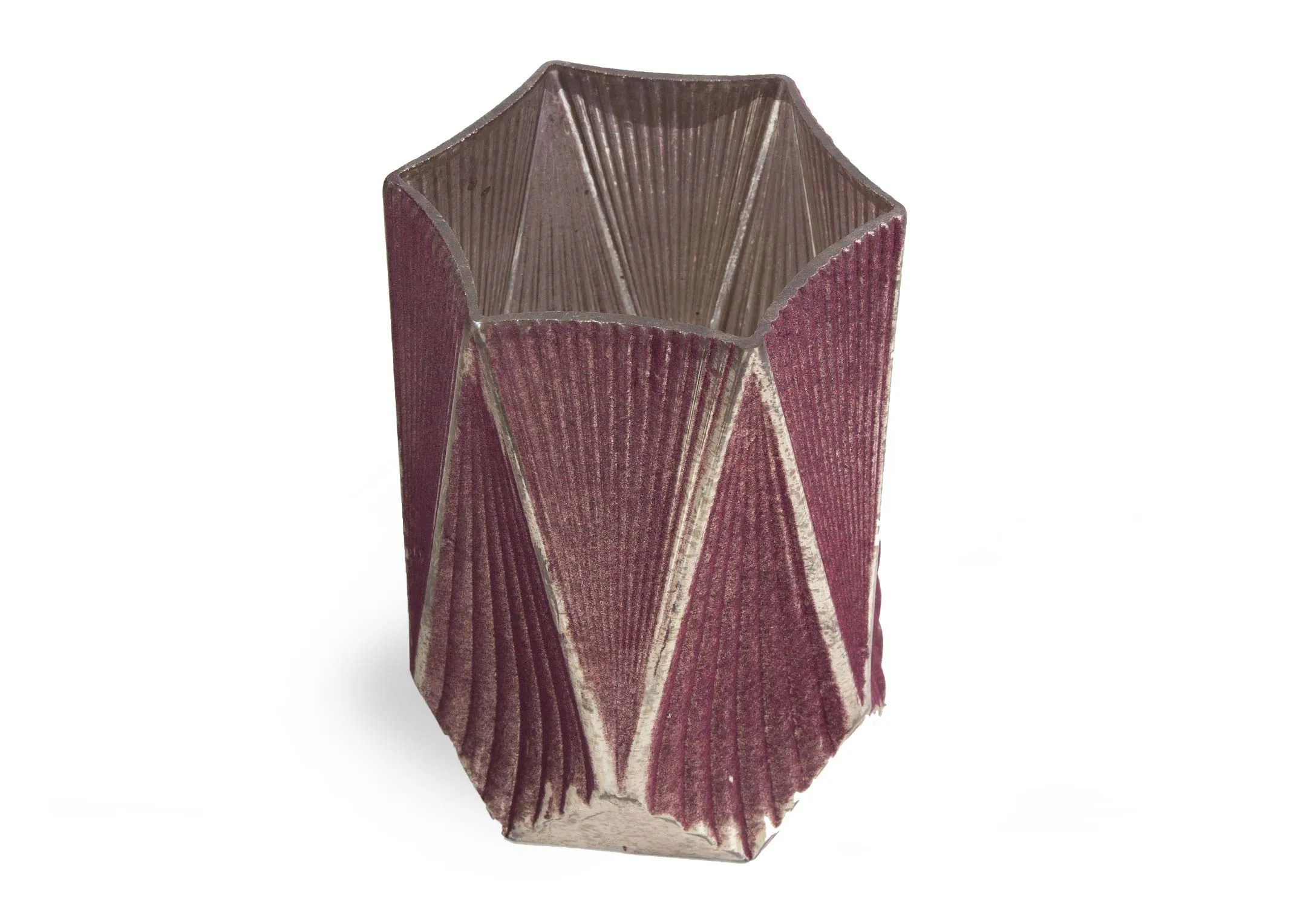 A red glass geometric shape candle holder from EZ Living Furniture's Christmas range. Angled view of large option