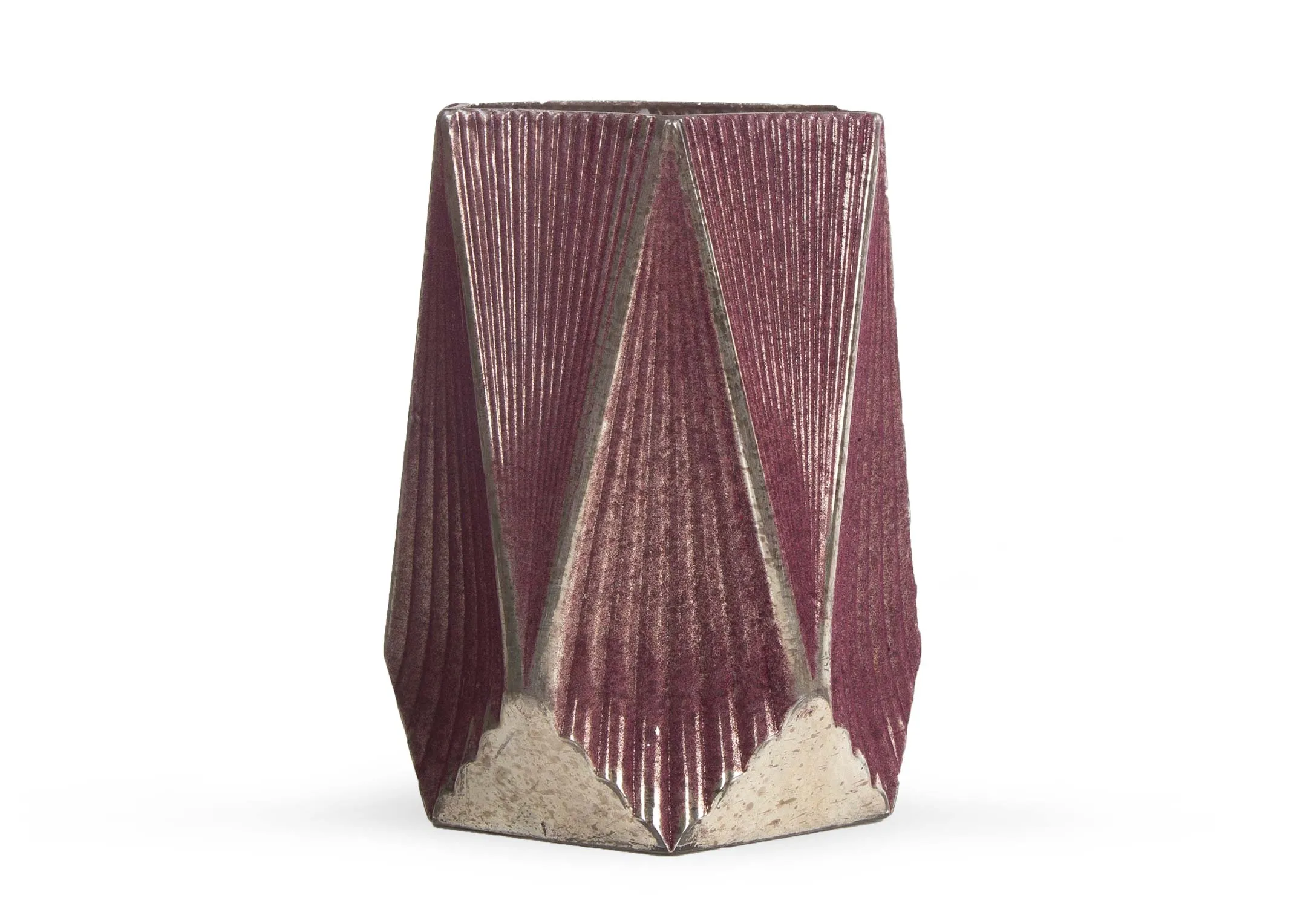 A red glass geometric shape candle holder from EZ Living Furniture's Christmas range. Front view of shaved edges