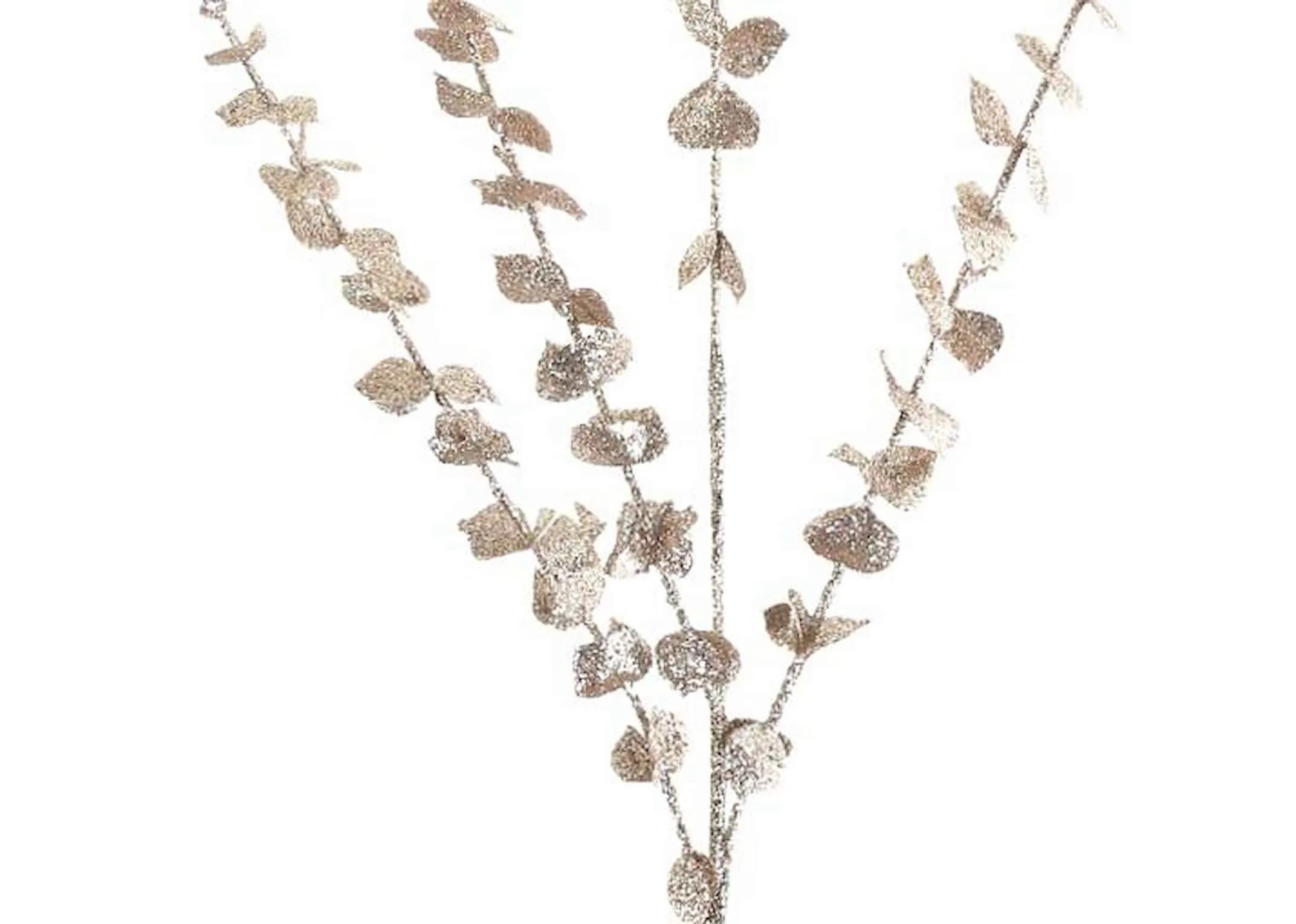 An artificial eucalyptus stem covered in pink glitter from EZ Living Furniture's Christmas pick range. Closeup of pink glitte