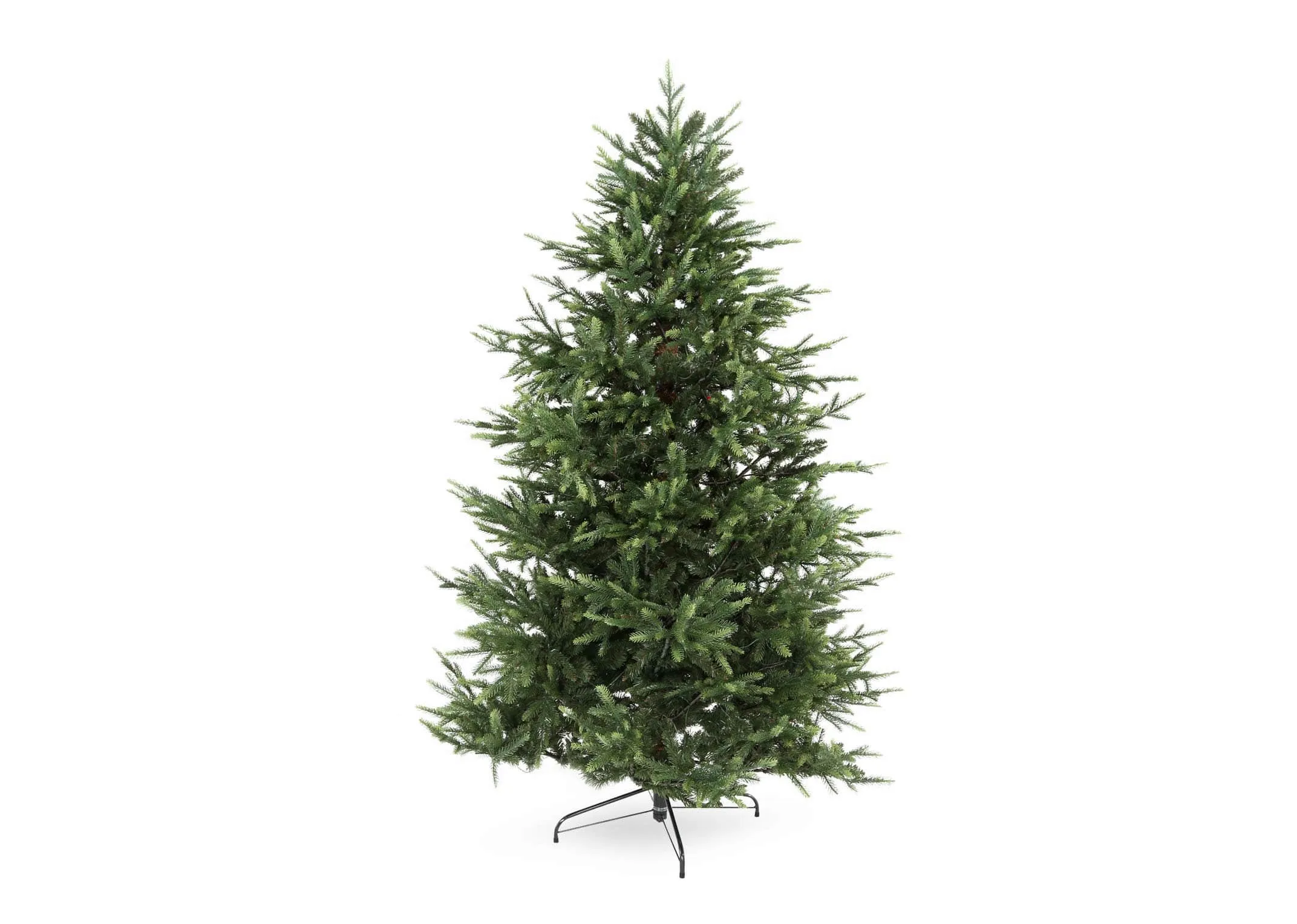 A 7ft green Christmas tree on a stand with 3000 copper lights from EZ Living Furniture's Rockefeller range. Front view off.