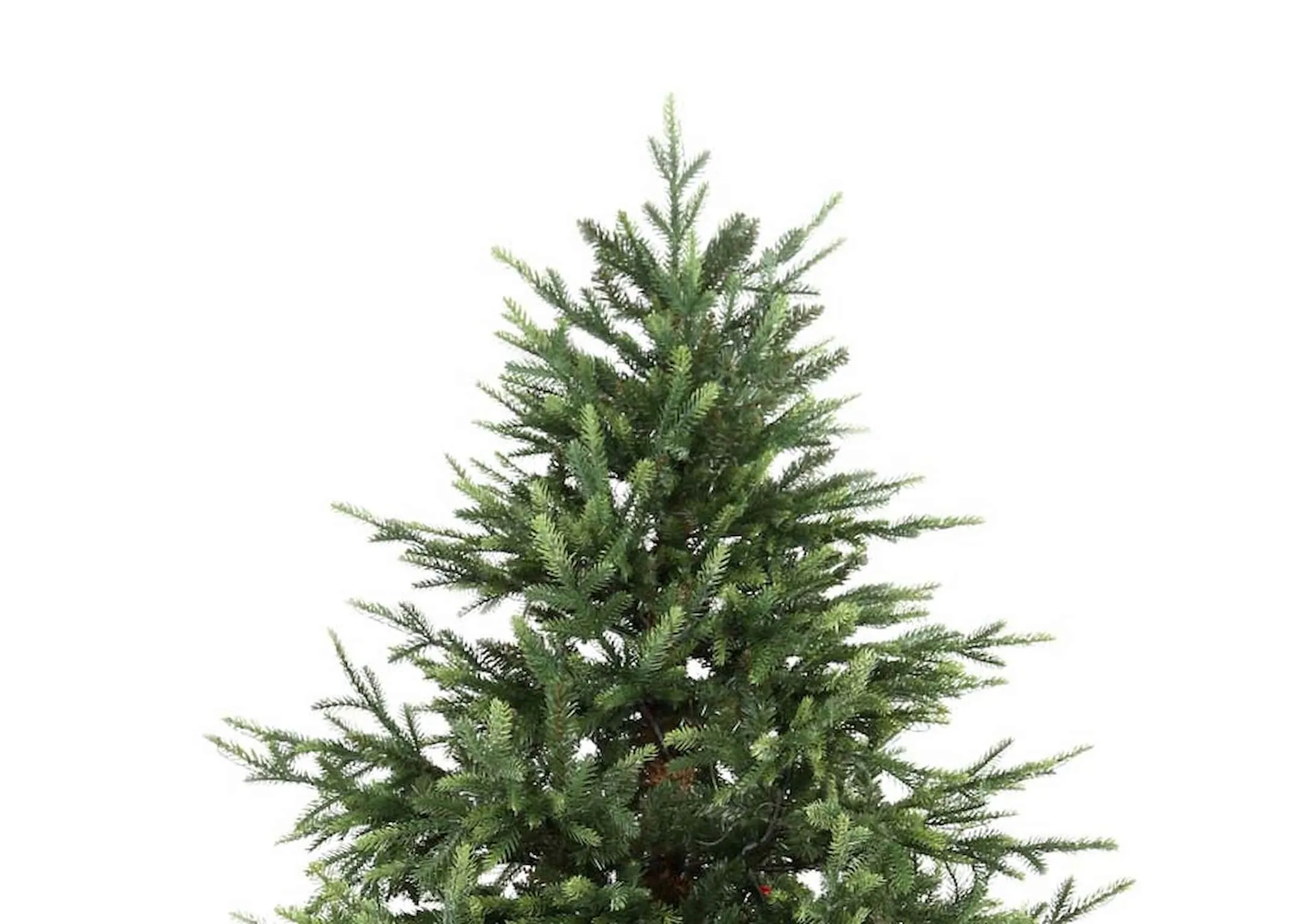 A 7ft green Christmas tree on a stand from EZ Living Furniture's Rockefeller range. Closeup of tree top branches