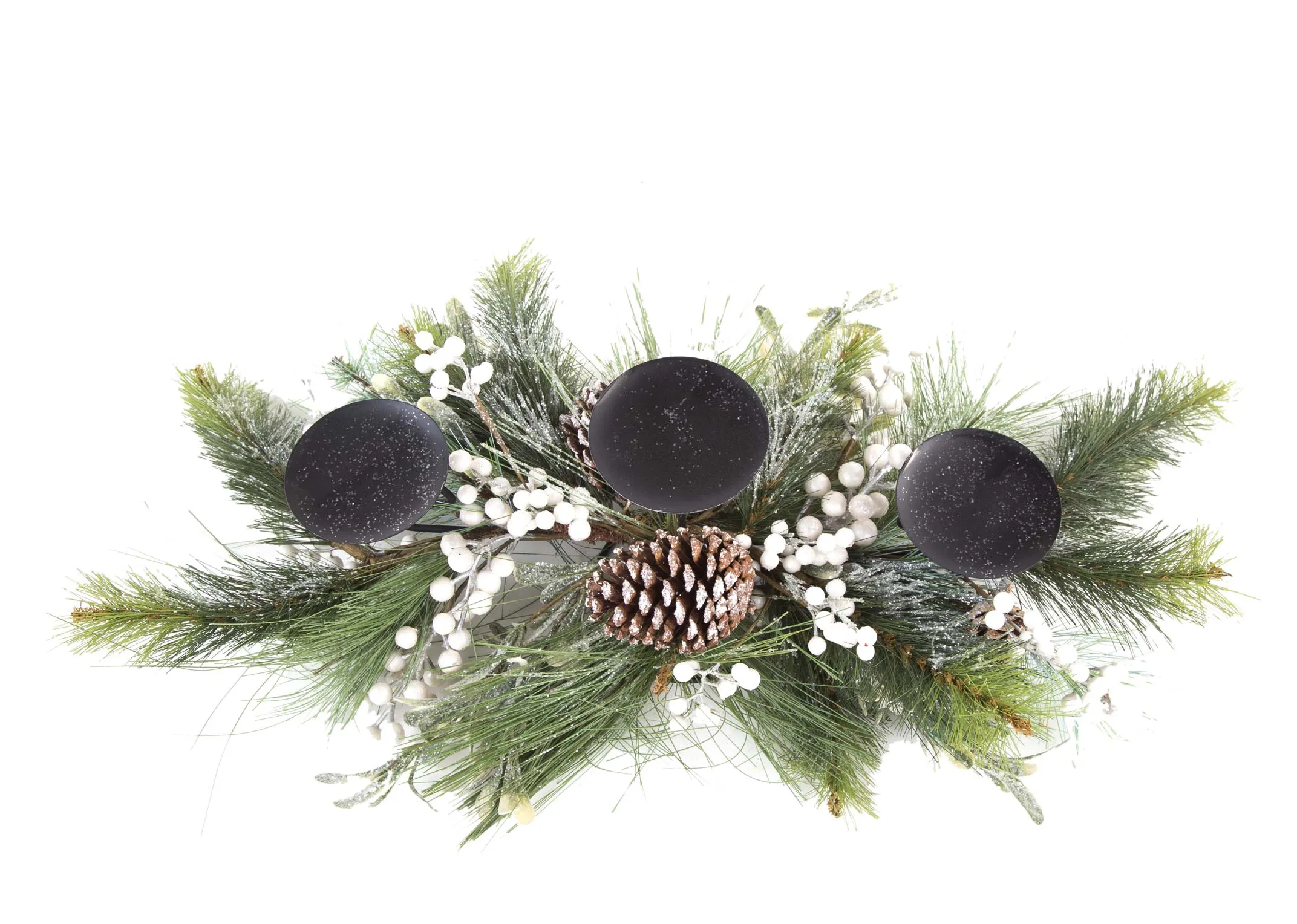 A pearl & pine cone garland with a 3 stem candle holder from EZ Living Furniture's Christmas candle holder range. Angled view