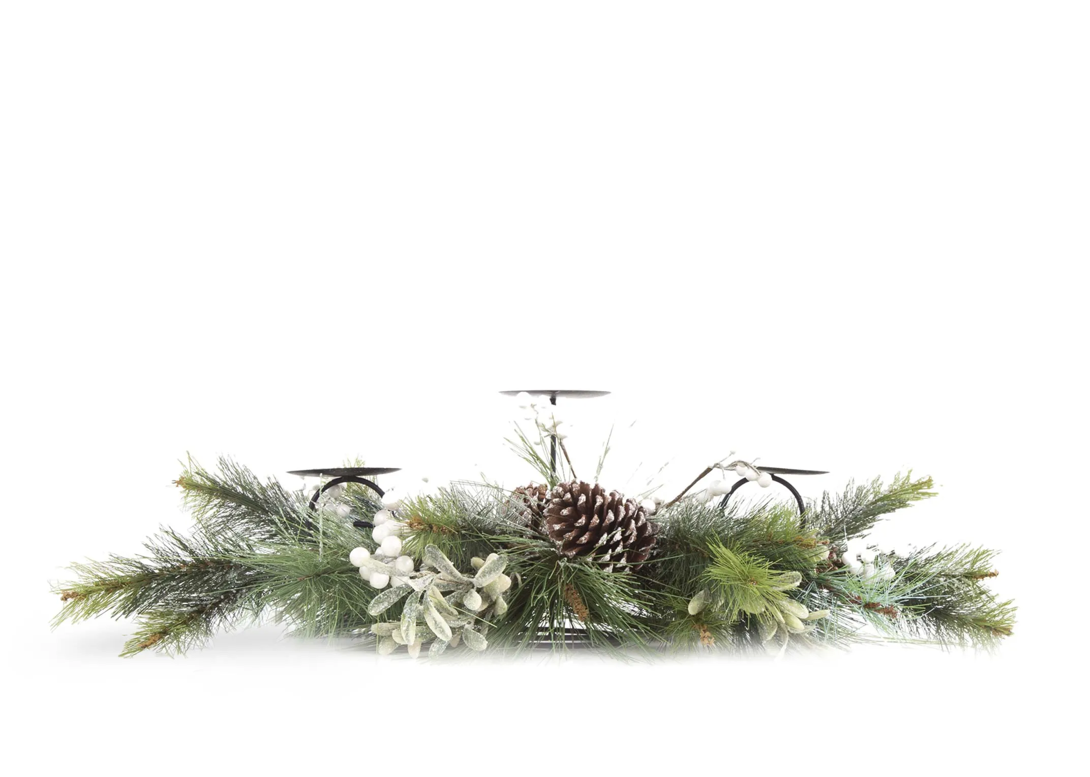 A pearl & pine cone garland with a 3 stem candle holder from EZ Living Furniture's Christmas candle holder range. Front view.