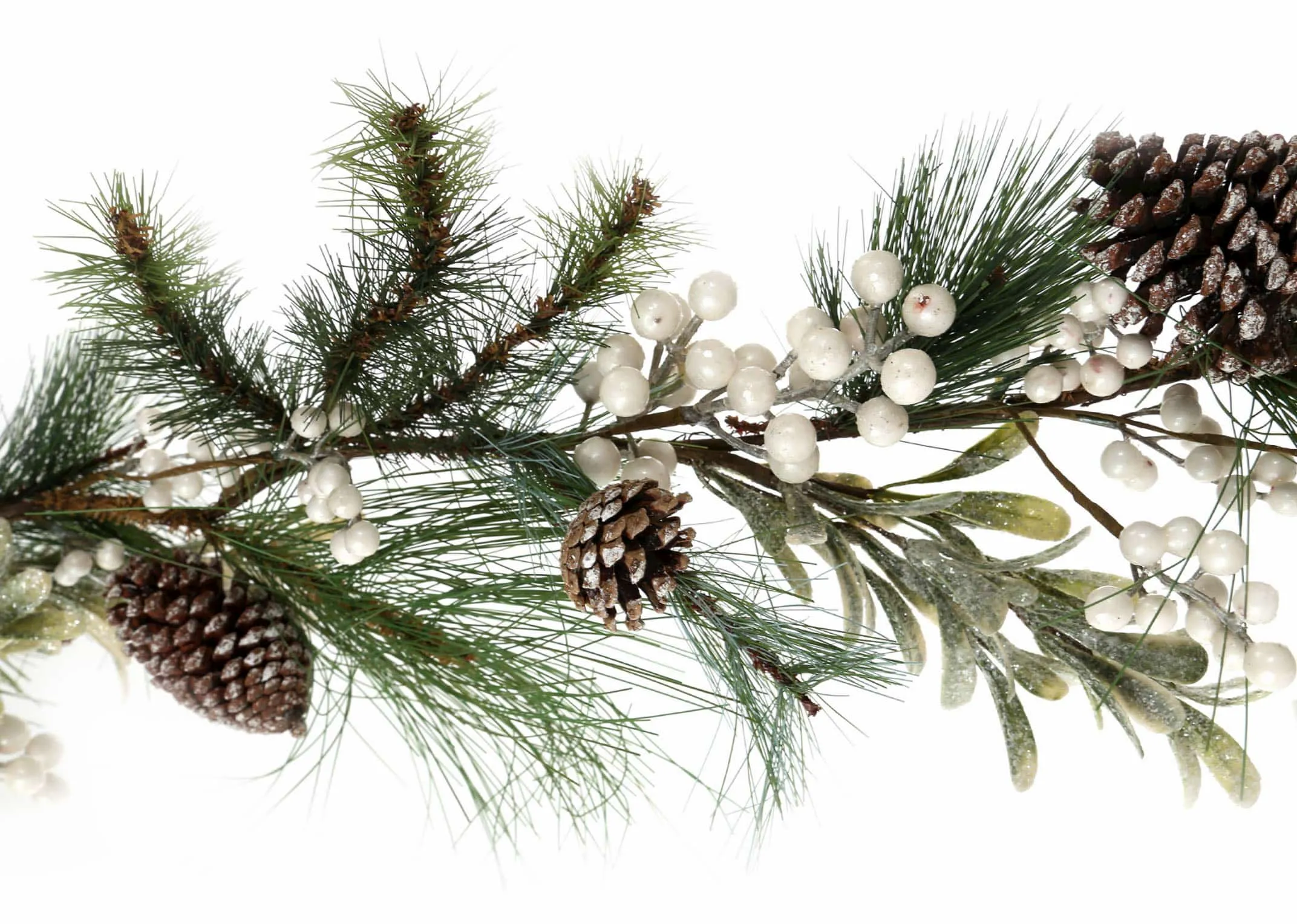 A pine garland with pearls & pine cones from EZ Living Furniture's Christmas range. Closeup of the pine cones/pearls