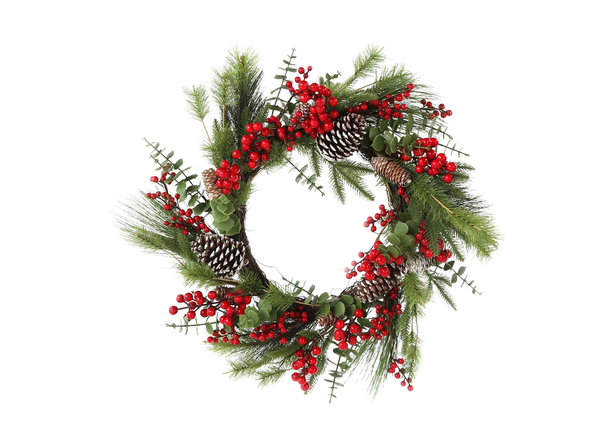 A pine wreath with berries & snowy pine cones from EZ Living Furniture's Christmas Range. Front view of festive wreath.