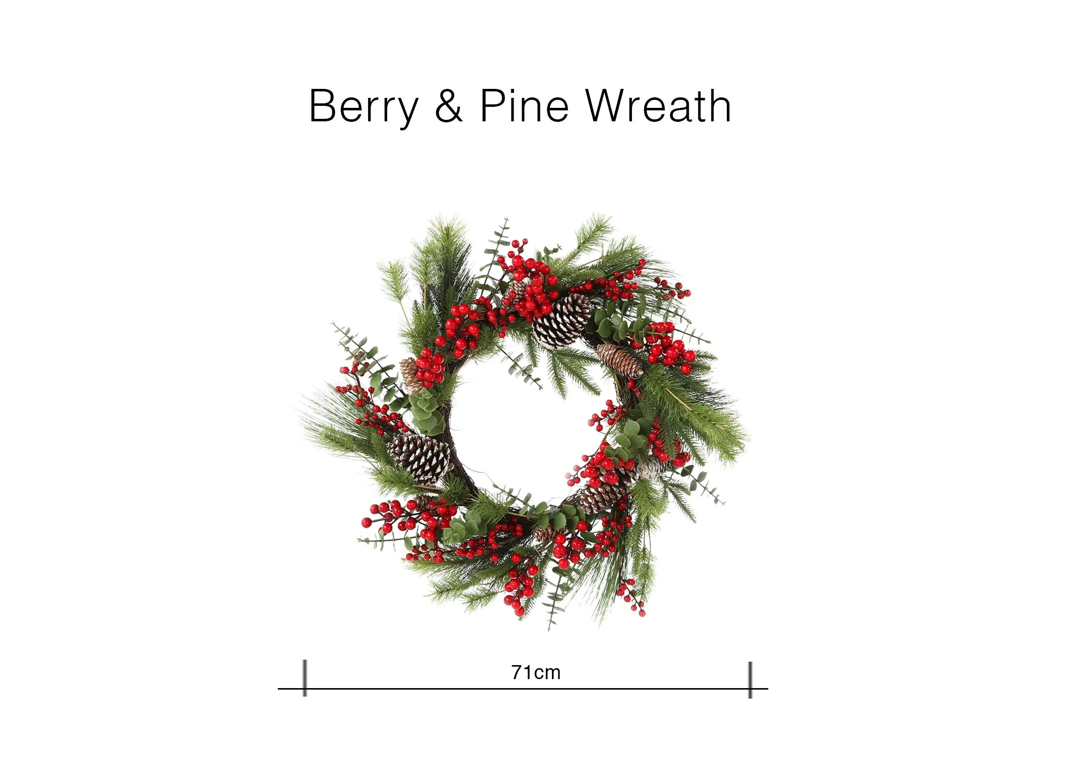 A dimension image of the Berry & Pine Wreath with 71cm (Width)