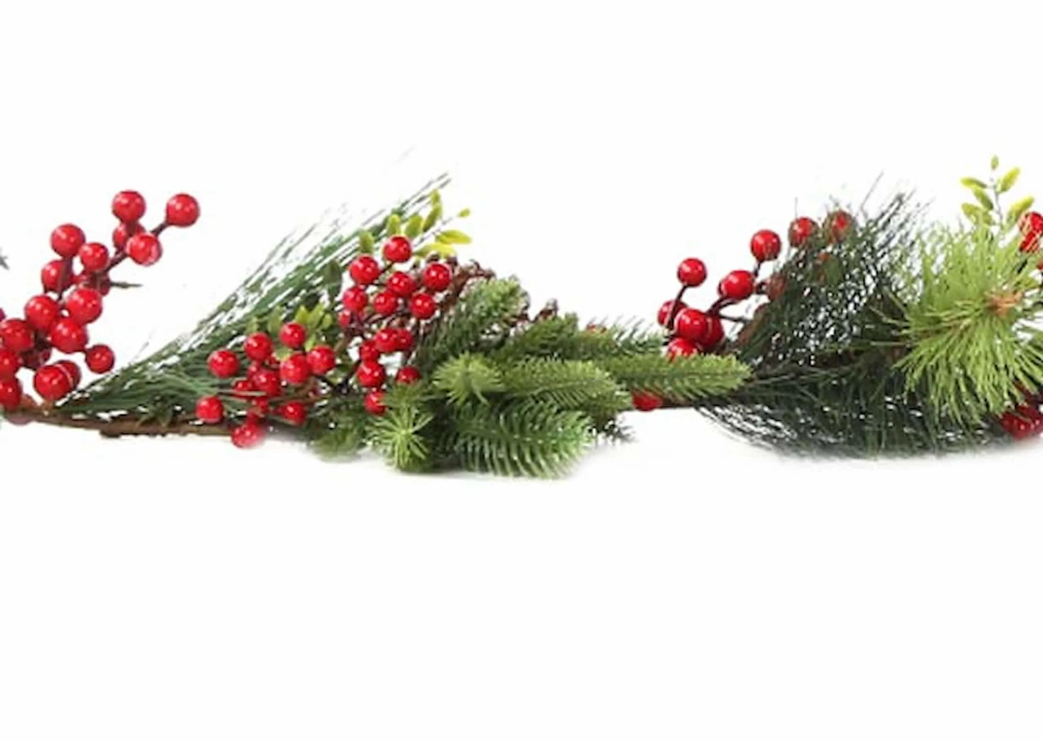 A pine garland with red berries from EZ Living Furniture's Christmas Range. Closeup of berries