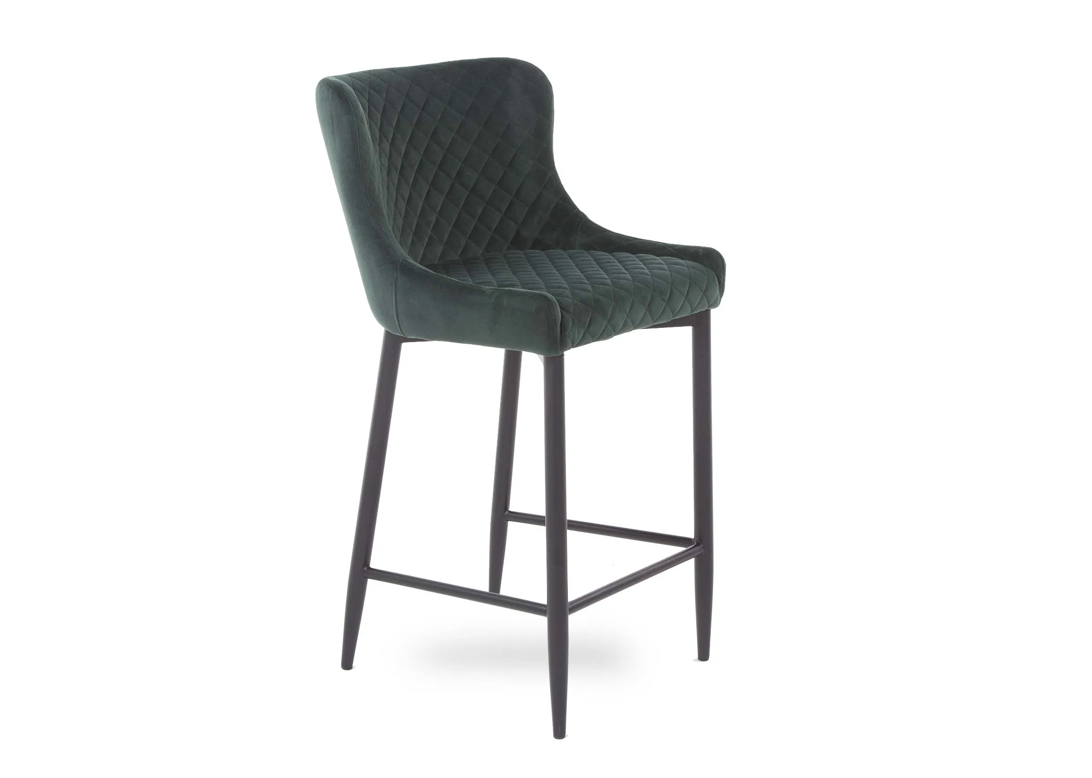 A counter bar stool with green cushioned velvet seat & back & metal legs from EZ Living Furniture's Ottowa. Angled view.