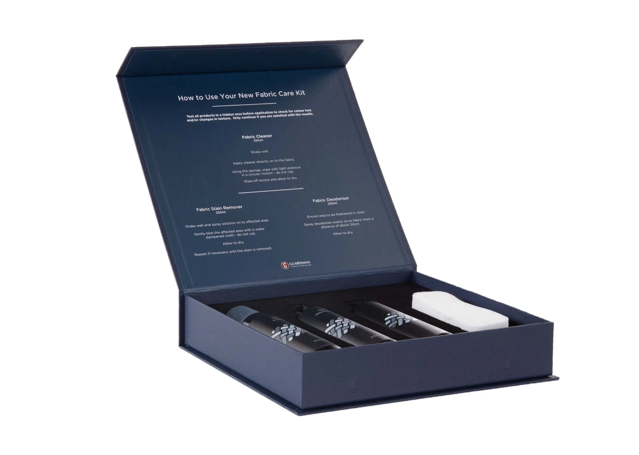 A lifestyle image of the Premium Fabric Care Kit with the Legend Sofa