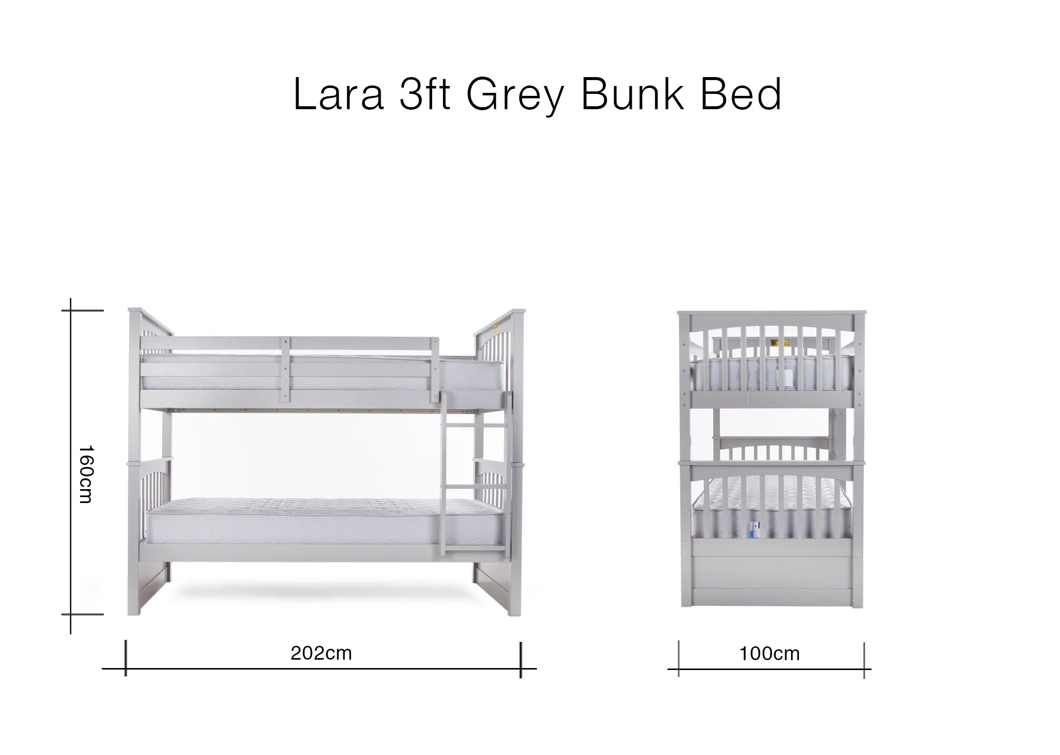 A dimension image of the Lara Single (3ft) Grey Bunk with 202cm (Length) x 100cm (Depth) x 160cm (Height)